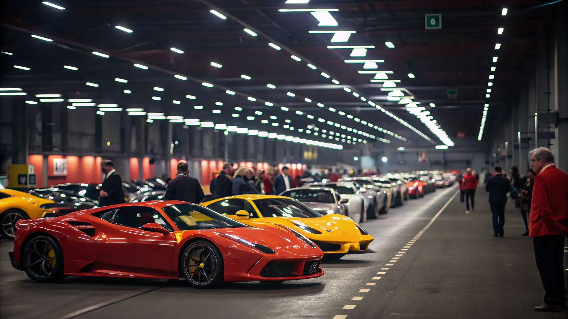 Police Seized Sports Cars for Sale: Enthusiasts inspecting luxury sports cars at lively auction.