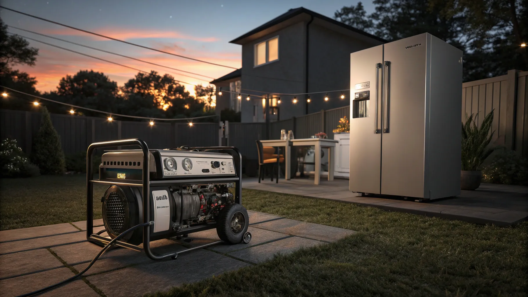 Portable generator powering appliances during a power outage in a serene backyard.