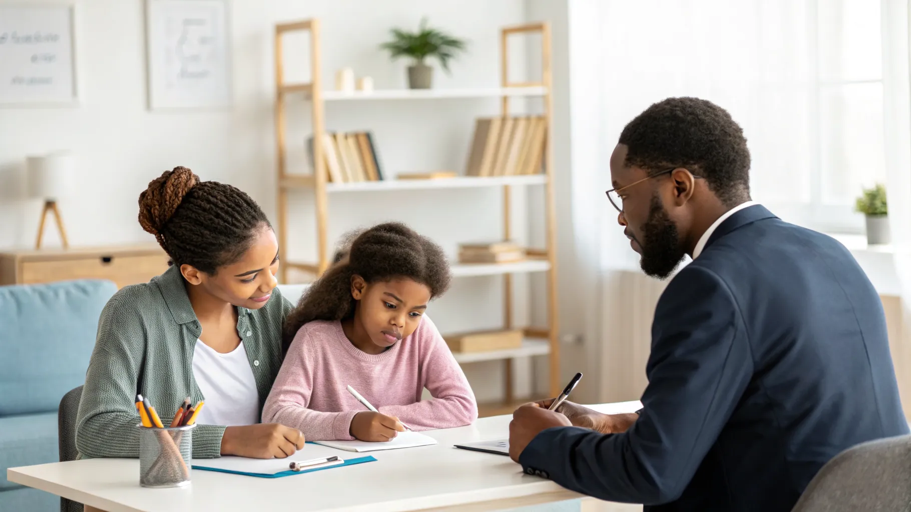 A diverse family speaking with a pro bono child support lawyer in a legal aid office, demonstrating affordable legal assistance.