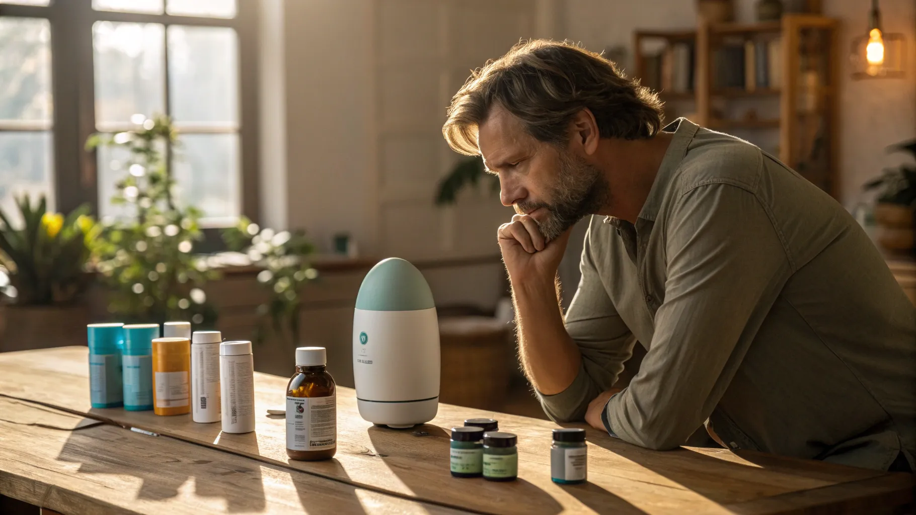 Man looking at different prostate support supplements and relaxation devices