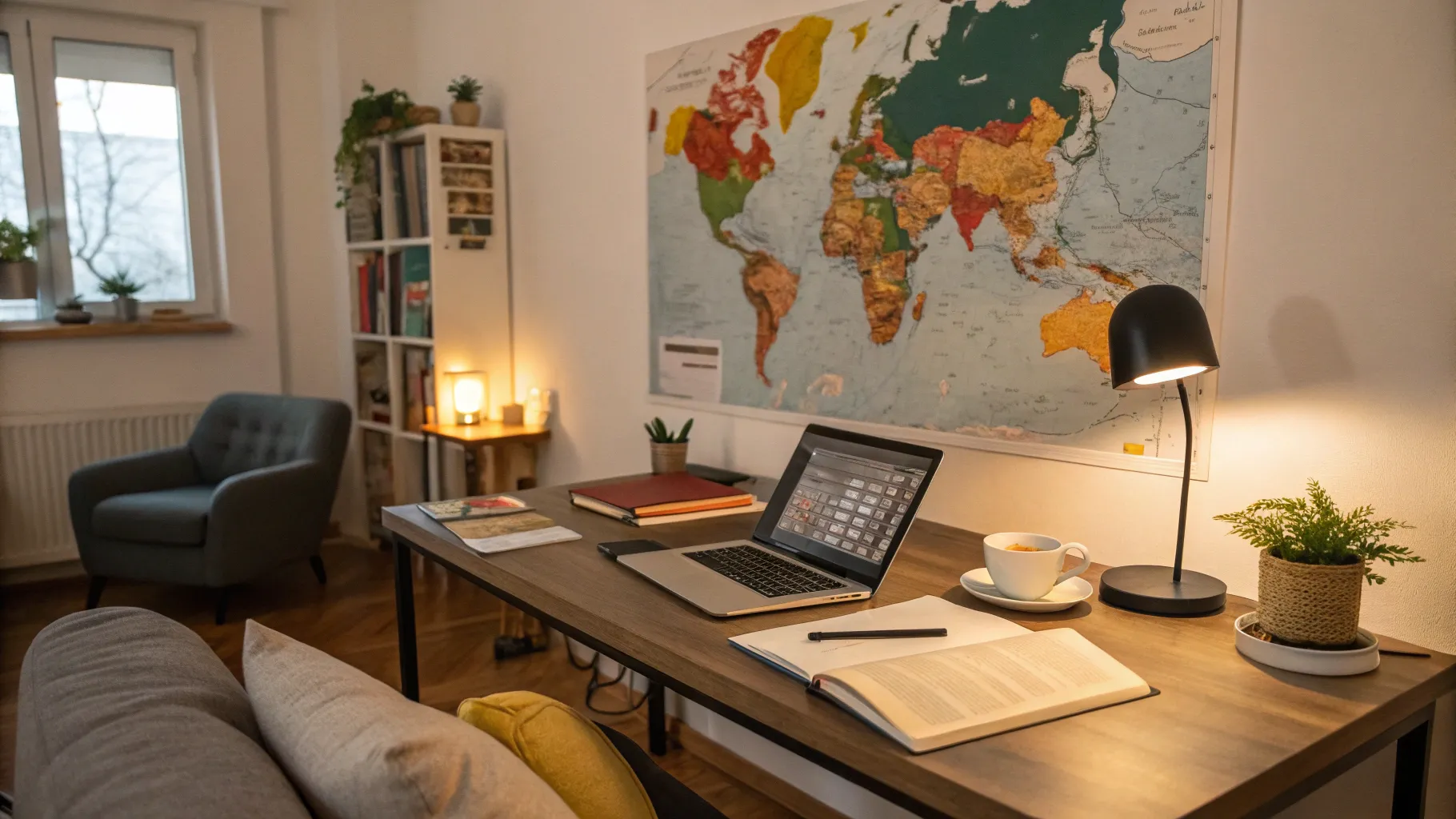 remote translator jobs in a serene home office with translation tools and a warm atmosphere.