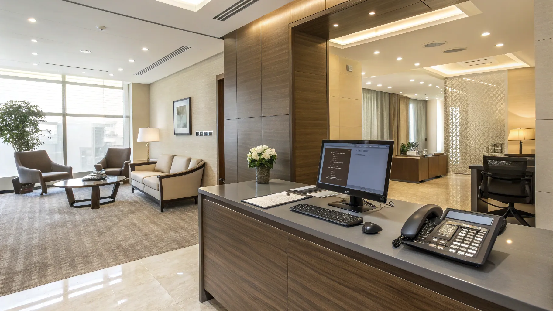 Receptionist jobs in a stylish, professional reception area with elegant decor.