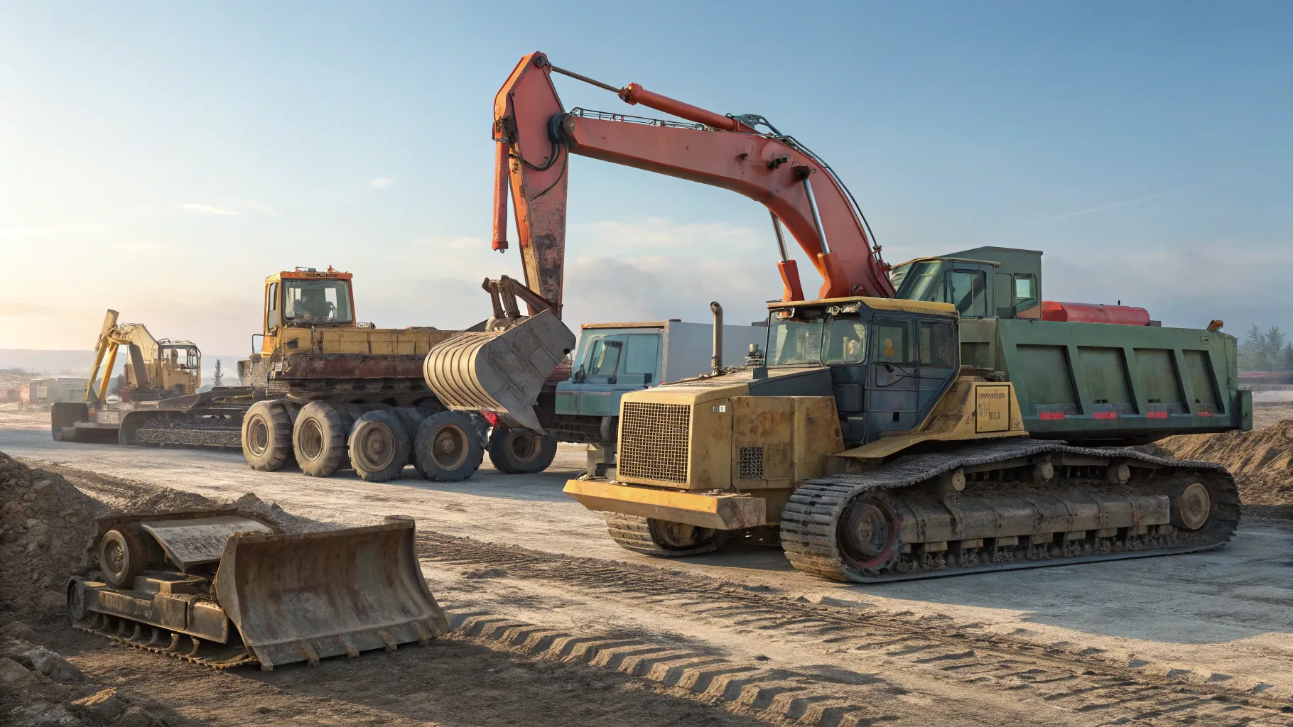 Refurbished Military Engineering Equipment includes excavators and bulldozers at a site.