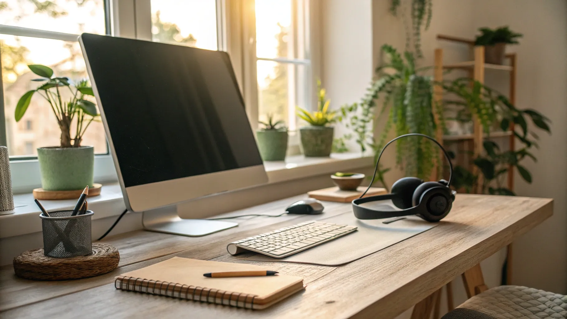 Remote customer service and support setup with desk, computer, and office plants.