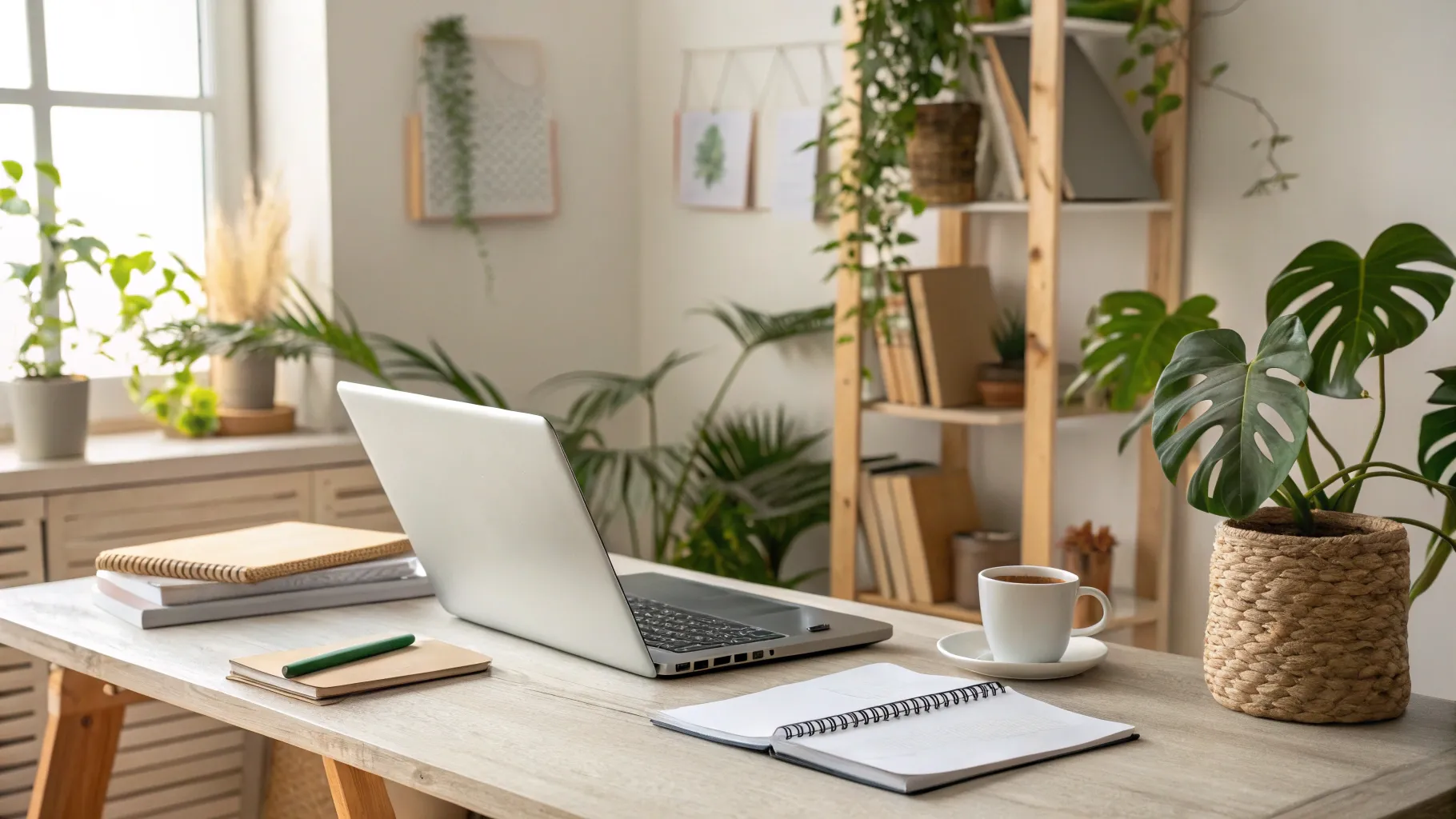 Online Jobs: A stylish home office scene showcasing a laptop and plants, promoting remote work.