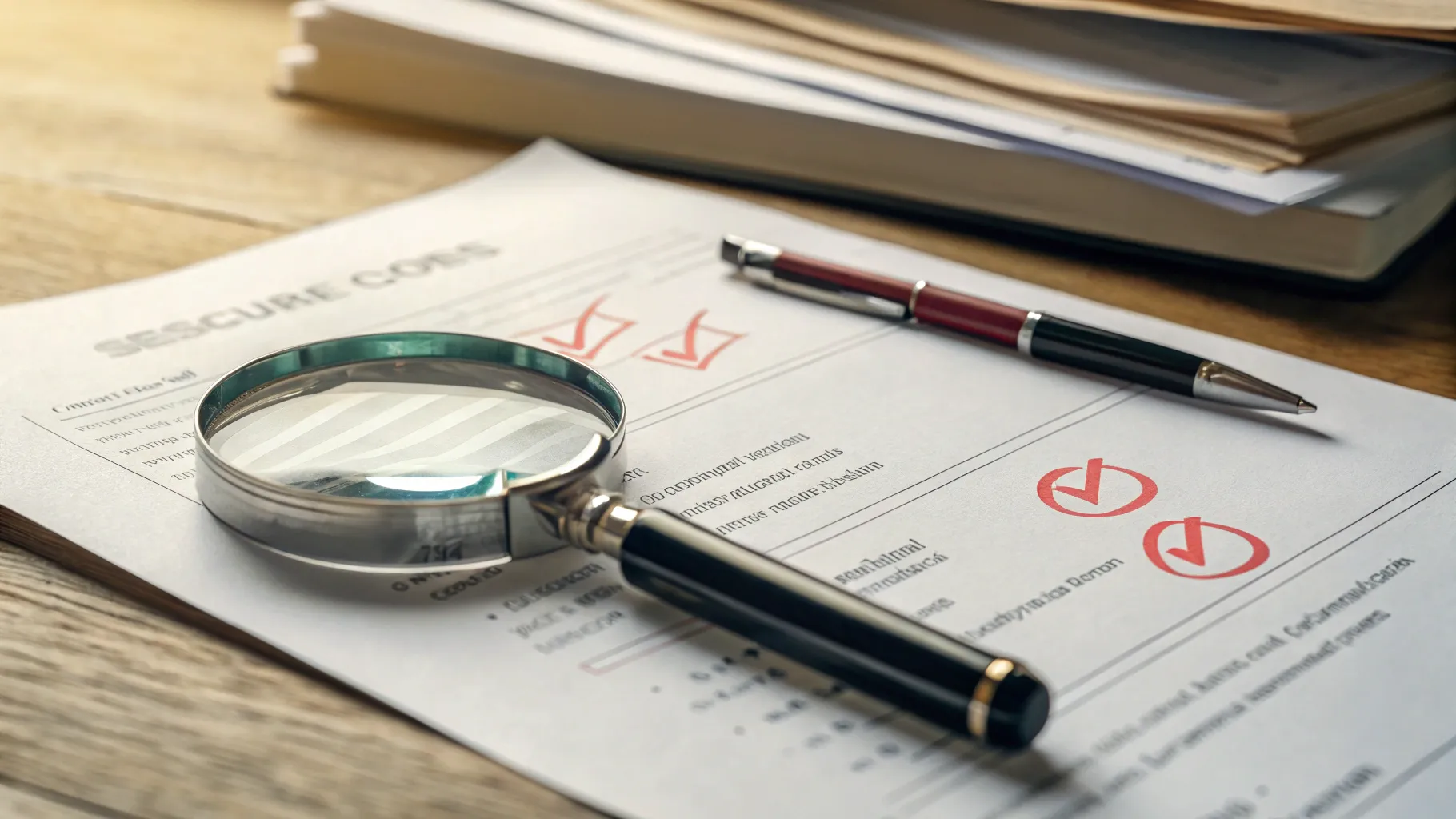 A magnifying glass examining a resume, highlighting common resume errors in a stack of applications.
