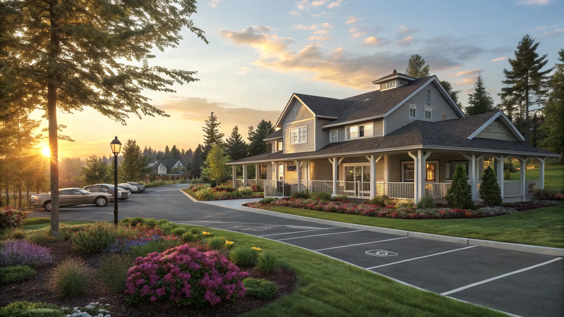 ROI Rental Properties guide: Modern rental property with landscaping and warm sunset glow.