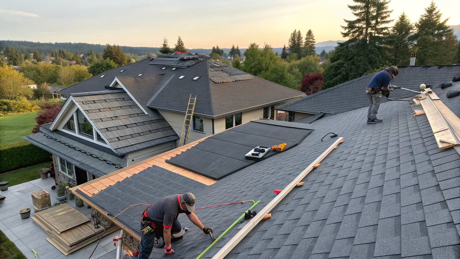 Skilled roofers performing a roof repair on a residential property, focusing on new shingle installation