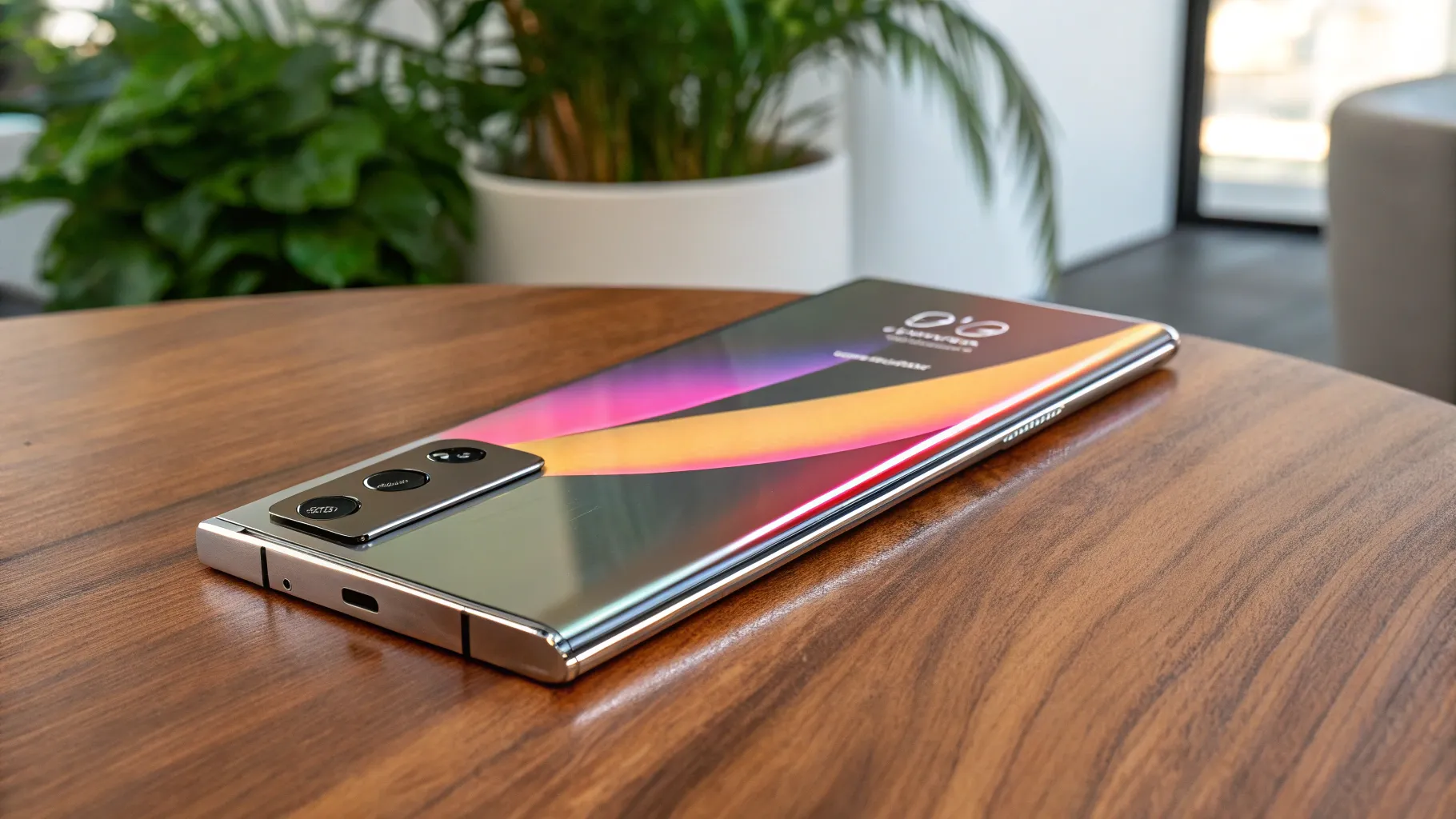 Samsung Galaxy S25 Ultra resting on a table, featuring vibrant screen colors and sleek design.
