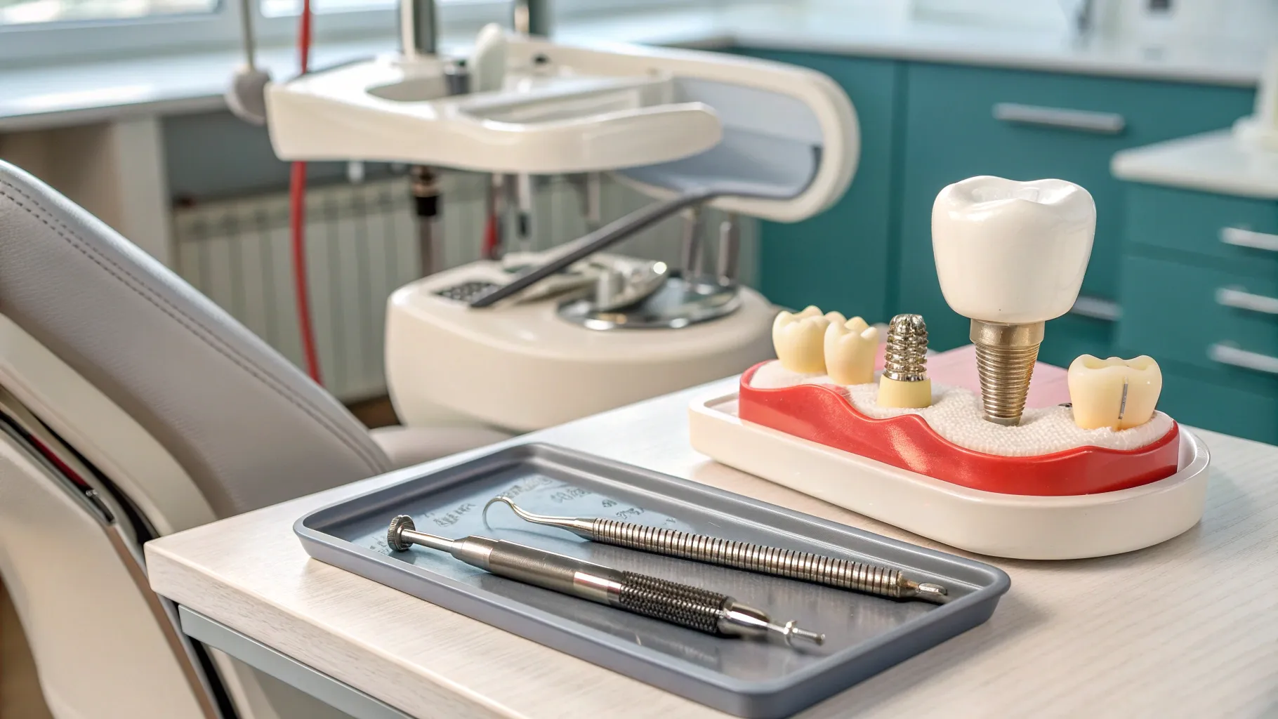 Same Day Tooth Replacement setup with tools and a dental chair in a modern clinic.