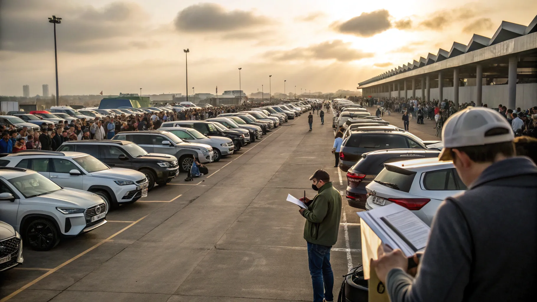 A busy government vehicle auction lot with various seized vehicles lined up under bright lights, people inspecting cars, an auctioneer