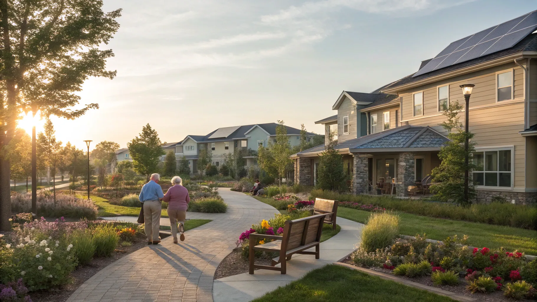 Senior Housing Vouchers: Modern homes, solar panels, lush gardens in a serene community.