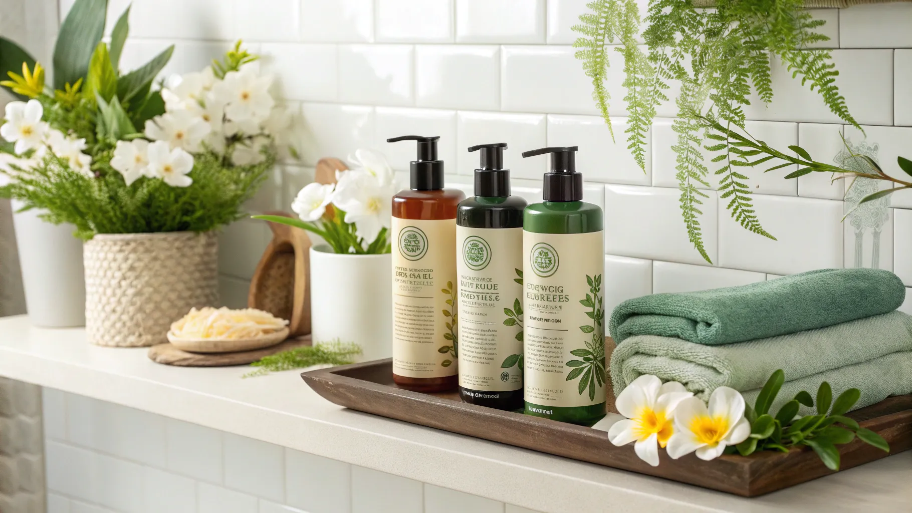 Shampoo for Thinning Hair displayed on a stylish bathroom shelf with plants and flowers.