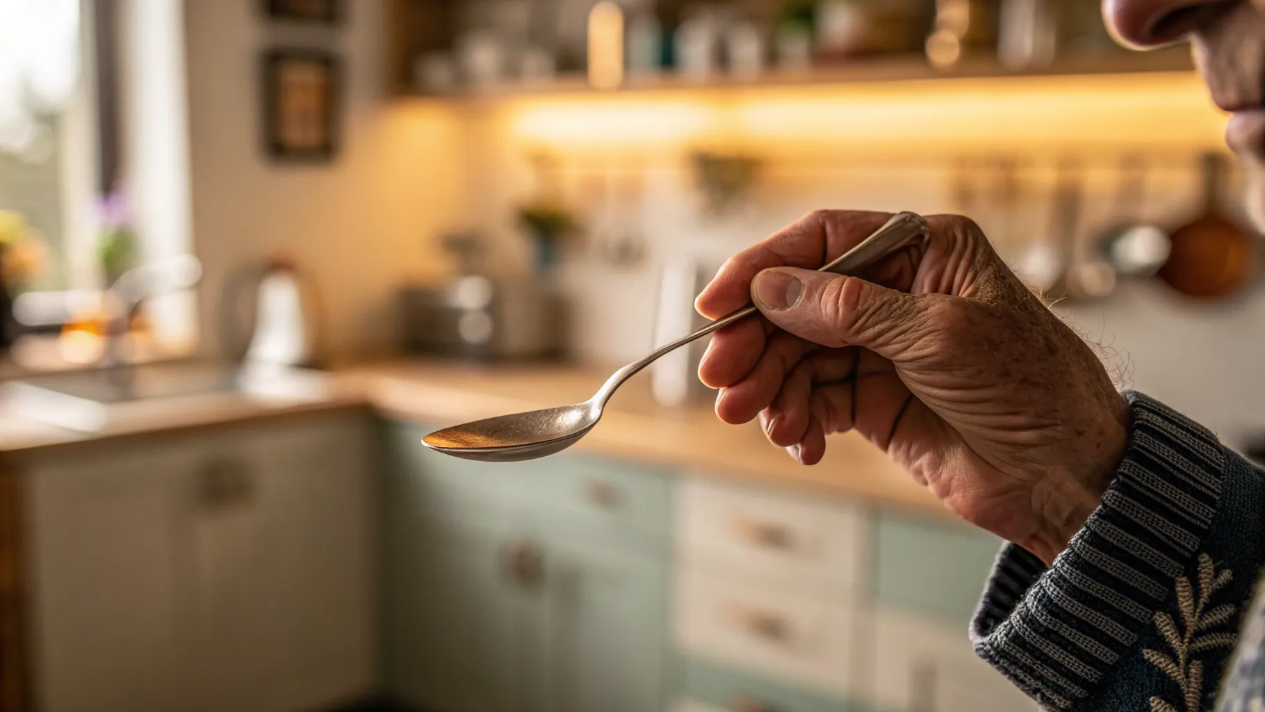 Know the Signs of Parkinson's: A hand shows tremors while holding a spoon in a gentle setting.