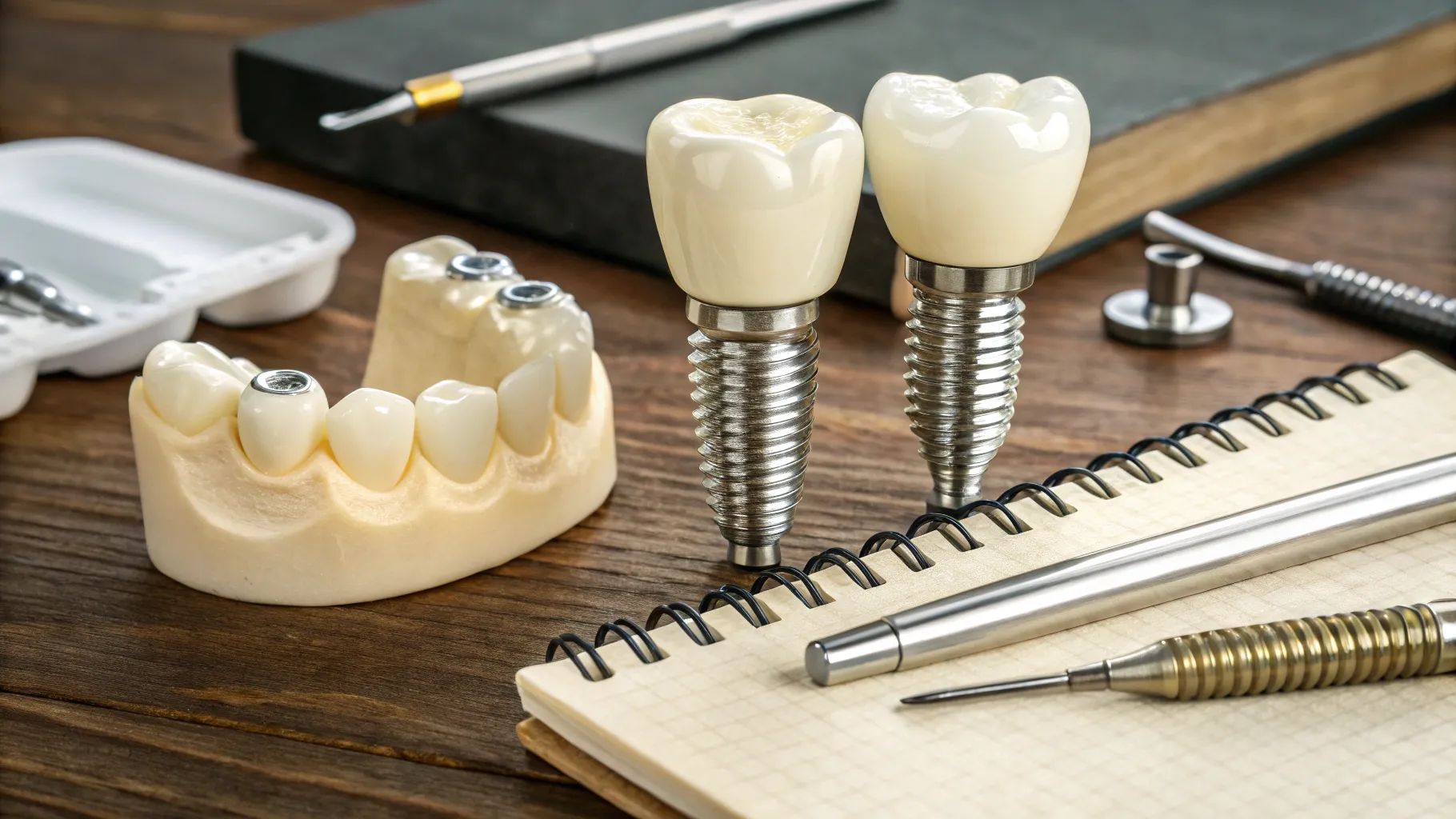 Price of dental implants for seniors shown with detailed implants and surrounding dental tools.