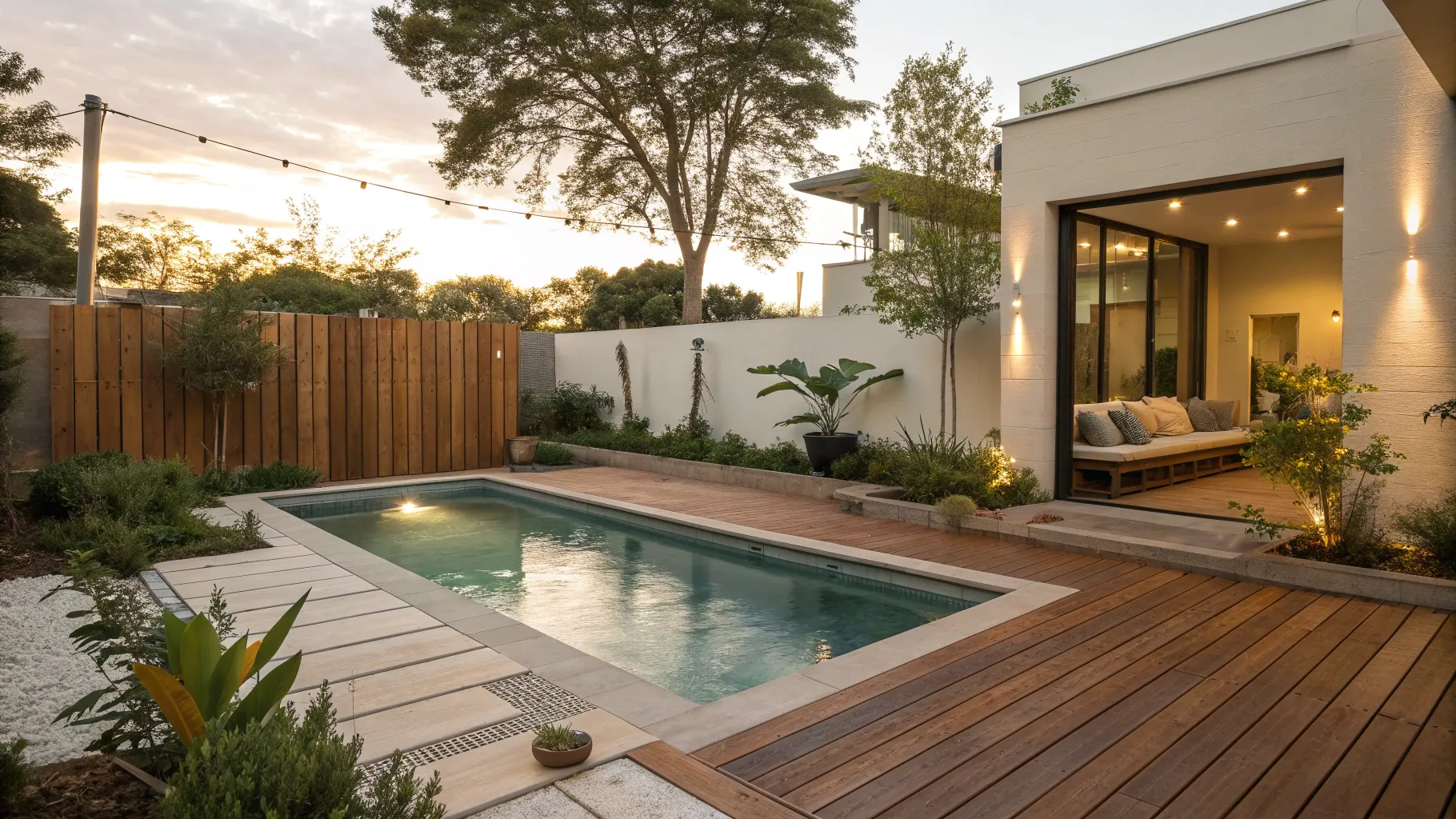 A beautifully designed compact plunge pool with wooden decking in a small, modern backyard, reflecting sunlight.