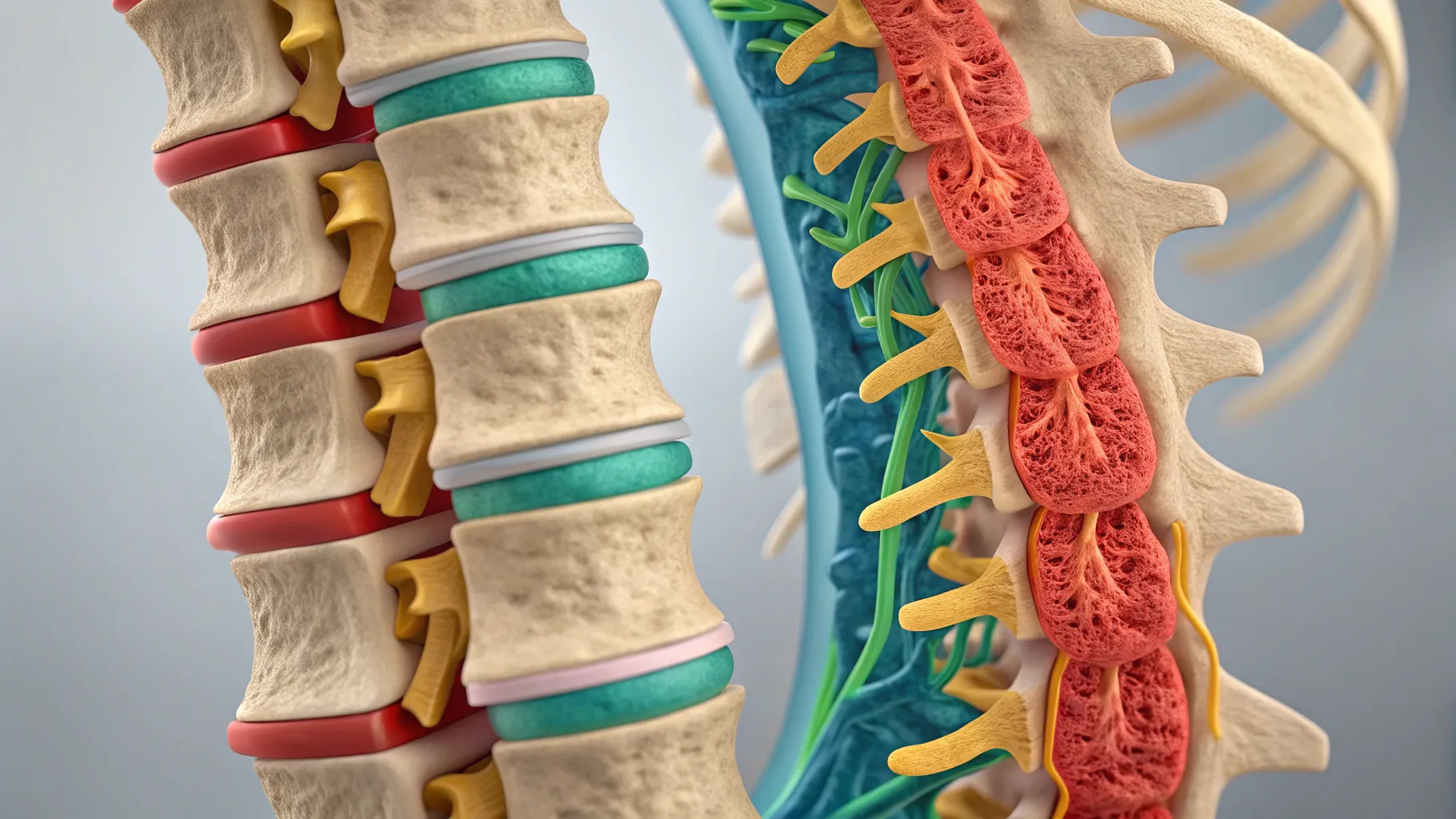 Spinal Stenosis illustration highlighting narrowed spinal canal and nerve compression.