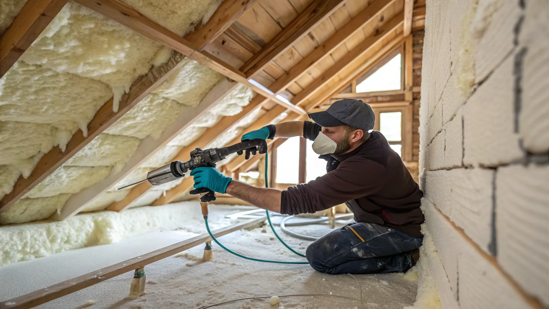 A person applying spray foam insulation with an applicator gun in an attic.