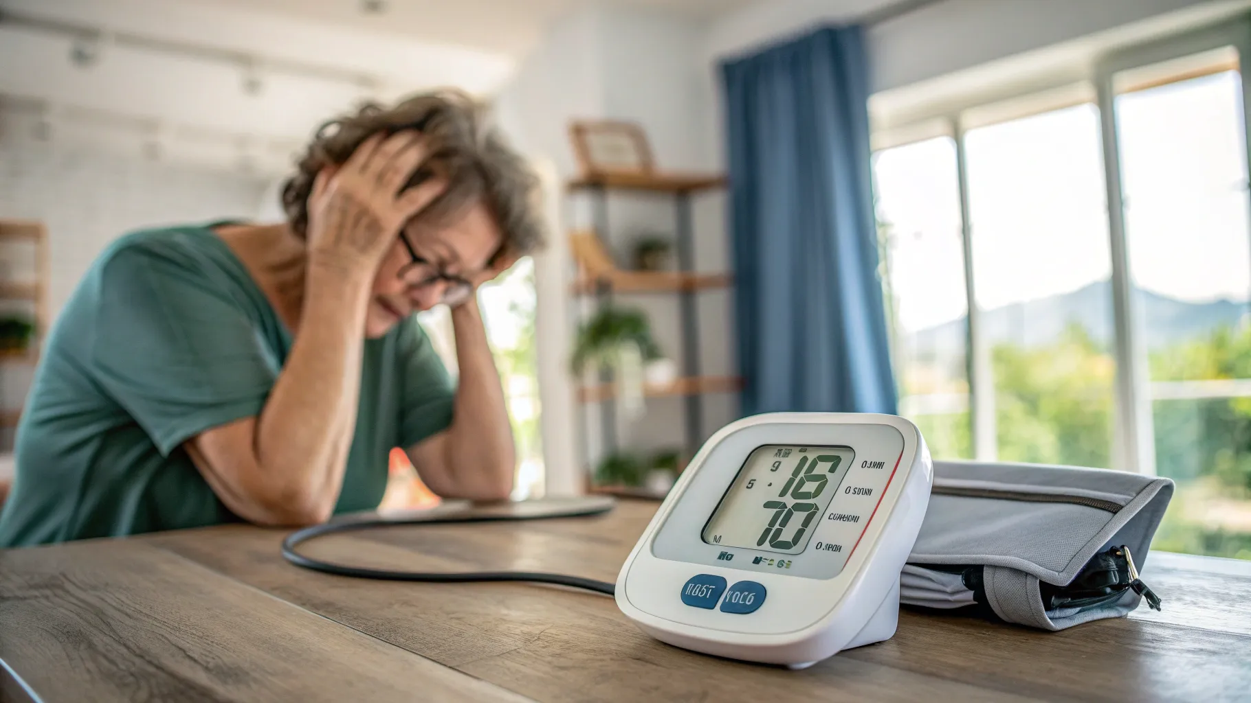 A concerned individual looking at a blood pressure monitor, indicating the uncontrolled blood pressure after stopping medication.