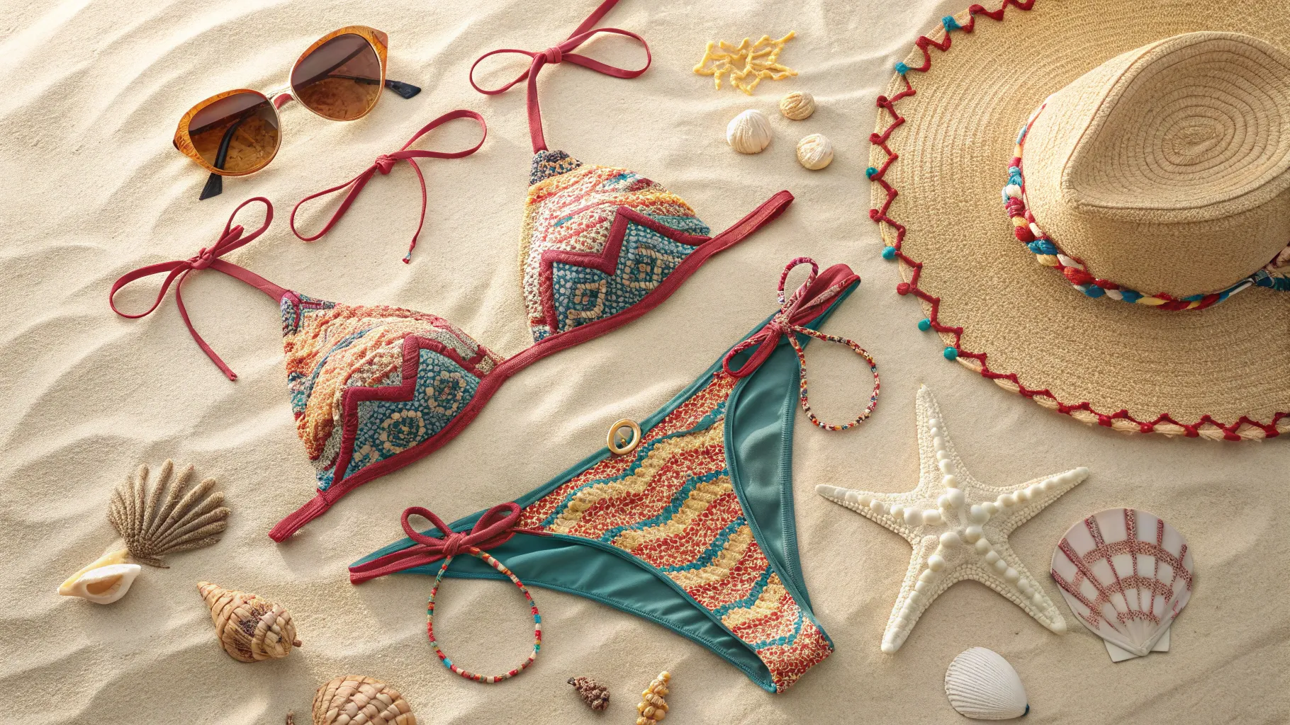 Buying guide for String Bikinis showcasing colorful styles and beach accessories.