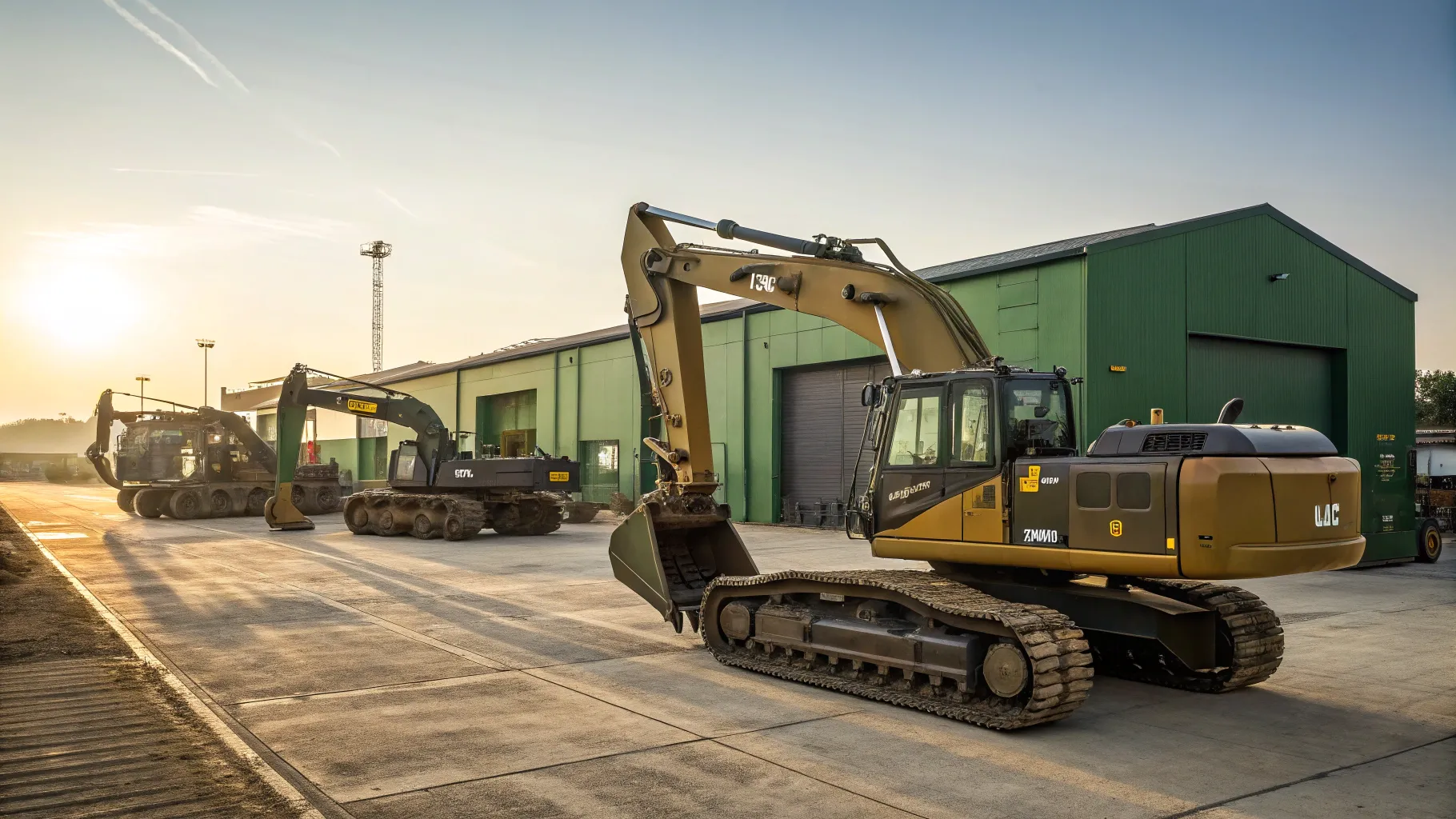 Surplus Army Excavators for Sale in 2025 lined up in a military auction lot under sunlight.