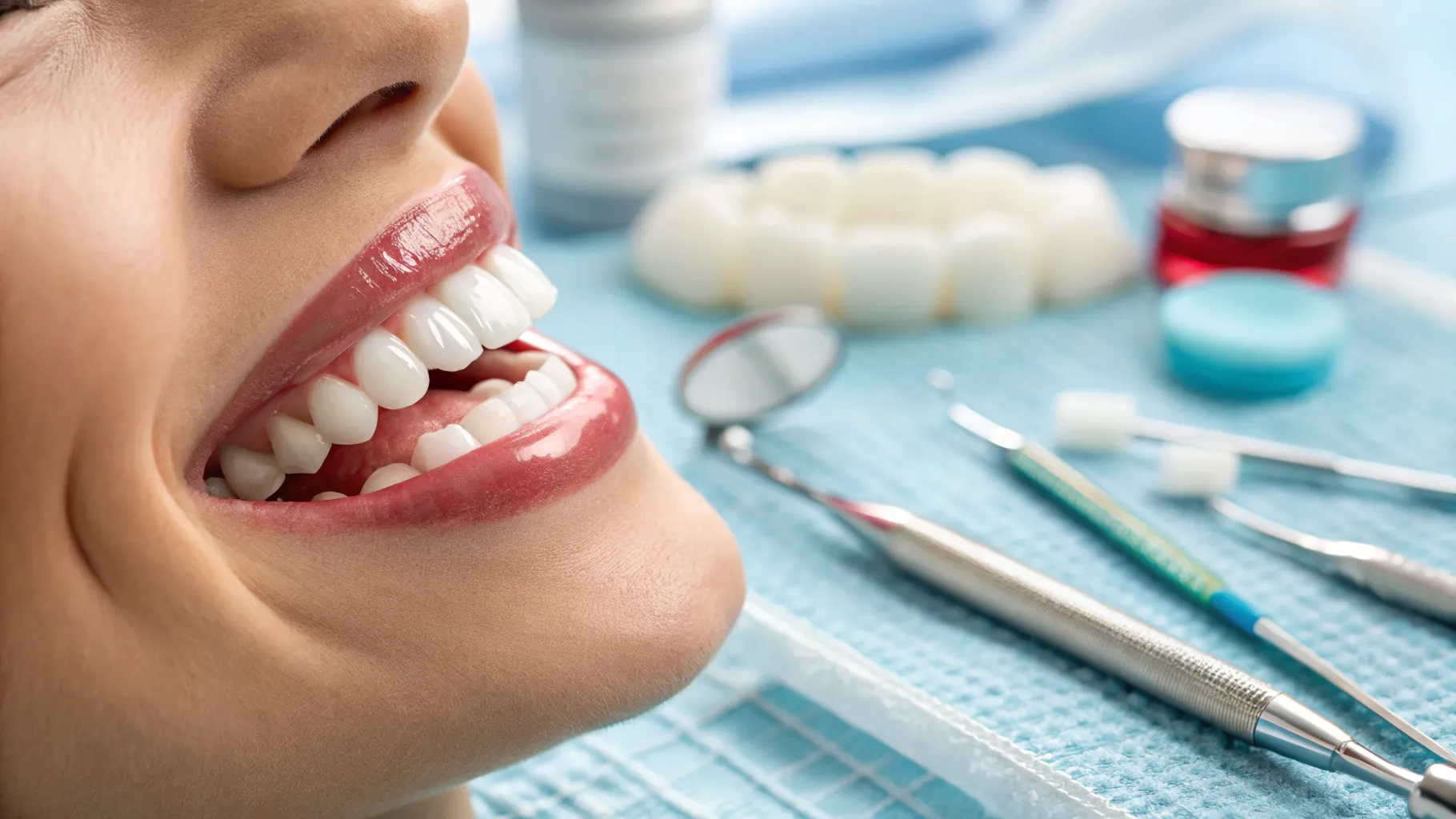 Teeth whitening process with bright smiles in a soft-focused dental clinic.