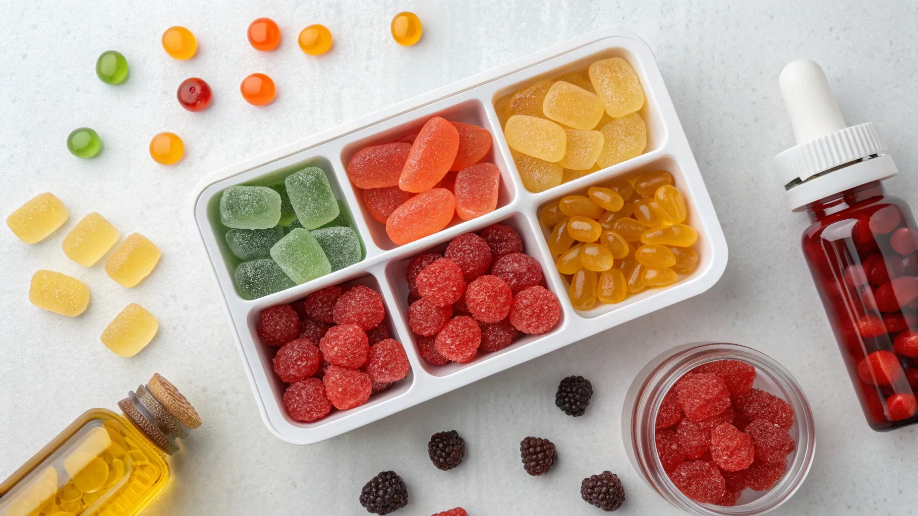 A close-up shot of various male enhancement gummies in different colors, neatly arranged in a clear container, against a blurred background of natural herbs.