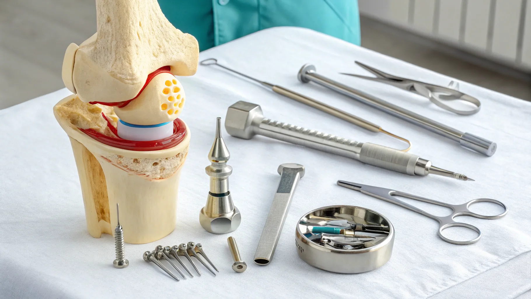 replacement and partial knee replacement surgical instruments and knee joint model.