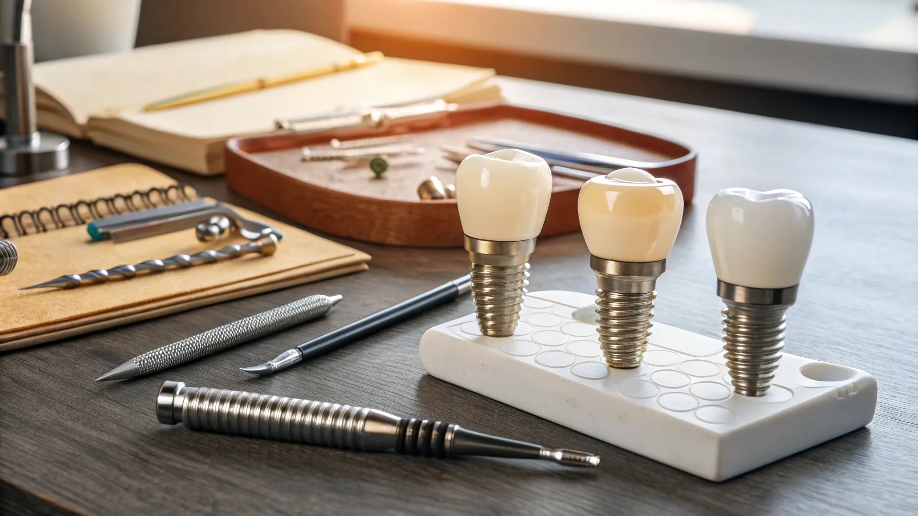 Types of dental implants for seniors displayed in a modern dental office.