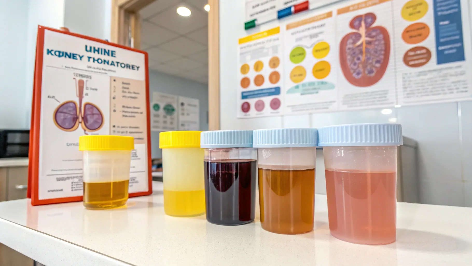 Urine colors that indicate kidney health displayed in various containers.