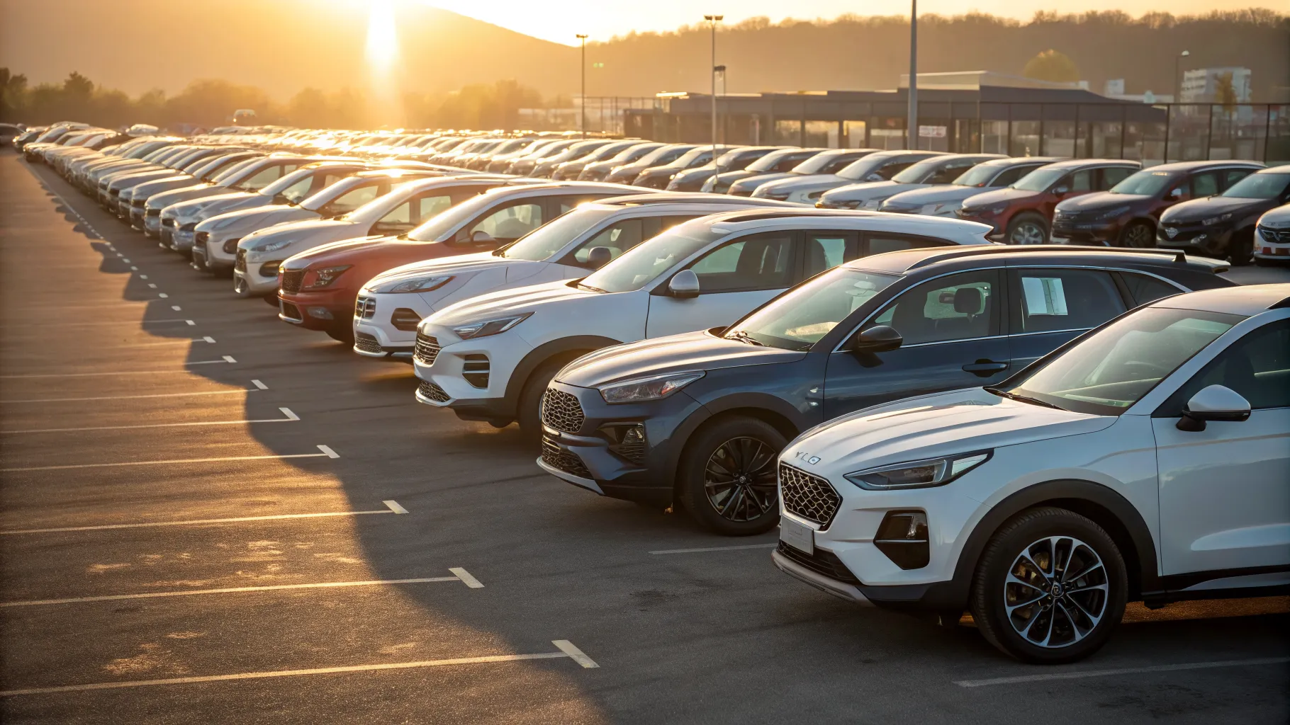 A row of various pre-owned vehicles parked on a lot under a clear sky, showcasing options for used car buyers.