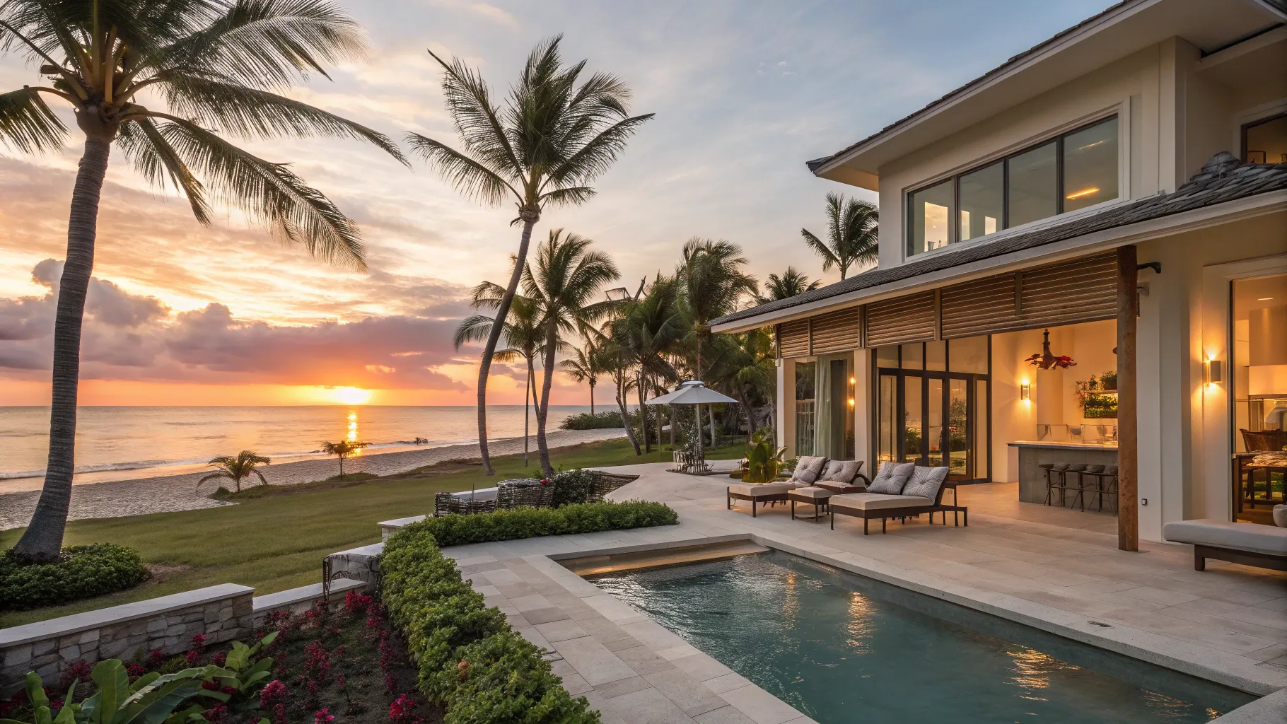 Vacation Rentals with High ROI Potential. A luxury beachfront property with pool at sunset.