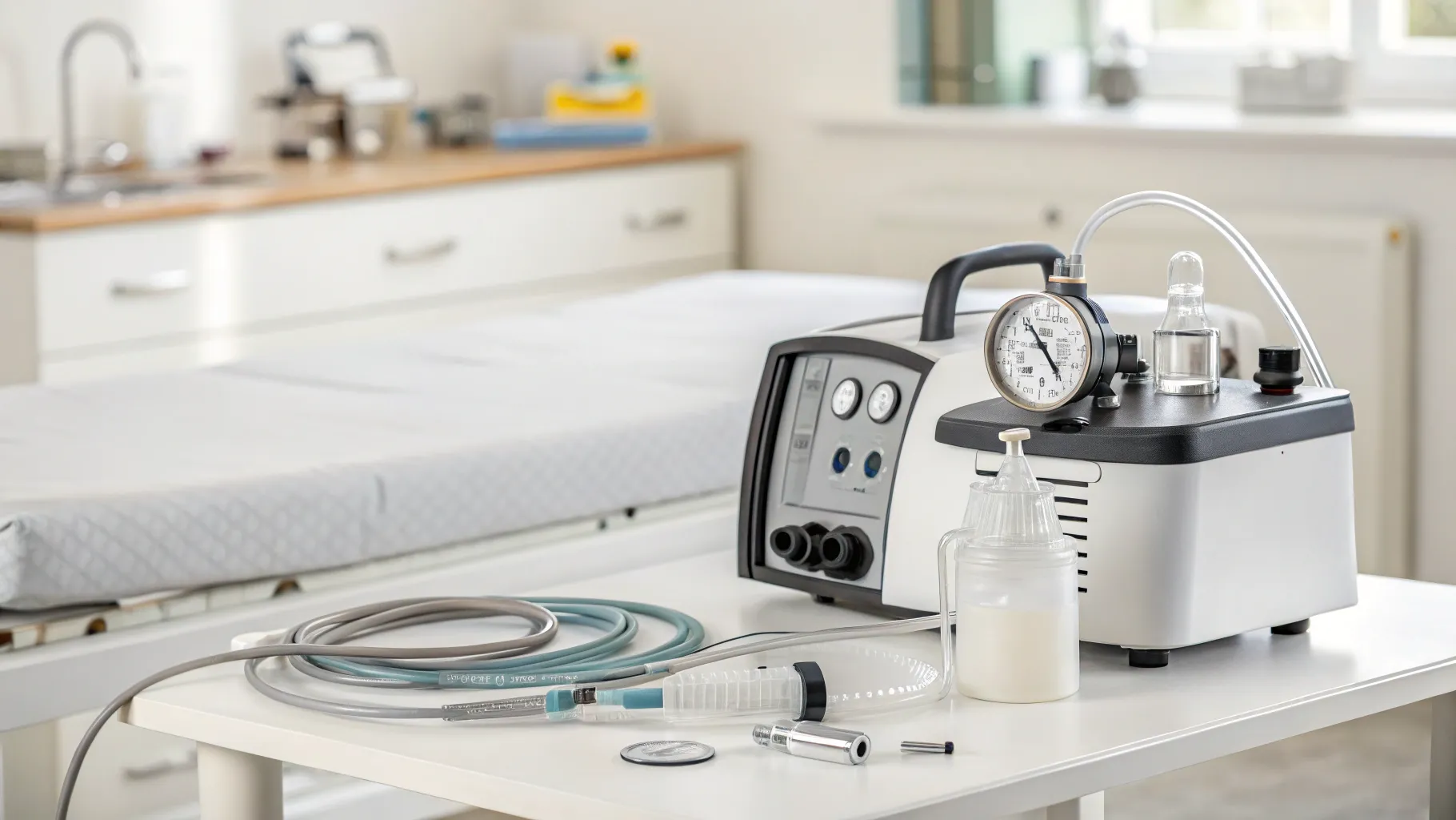 USING A VACUUM PUMP AFTER A PROSTATECTOMY: Medical equipment on an examination table.