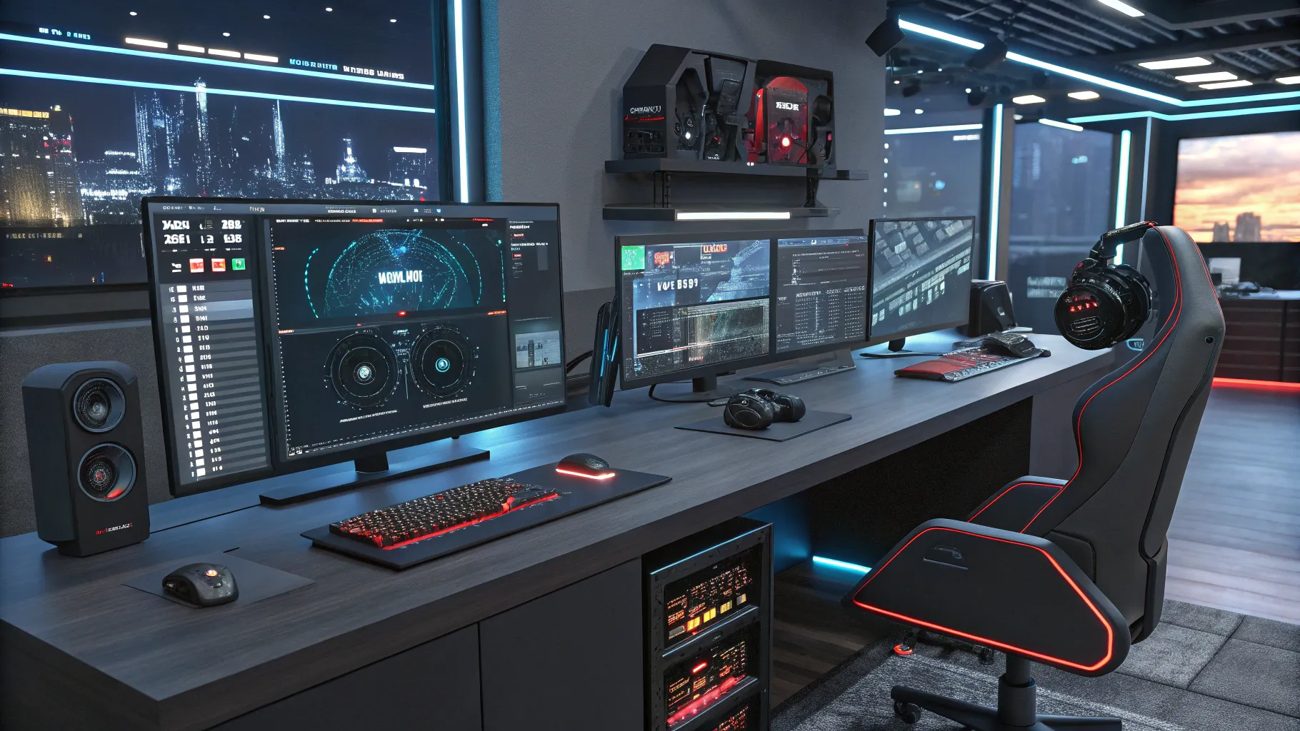 Guide to game testing jobs: VR gear and multi-screen setup in a 2025 gaming workspace.