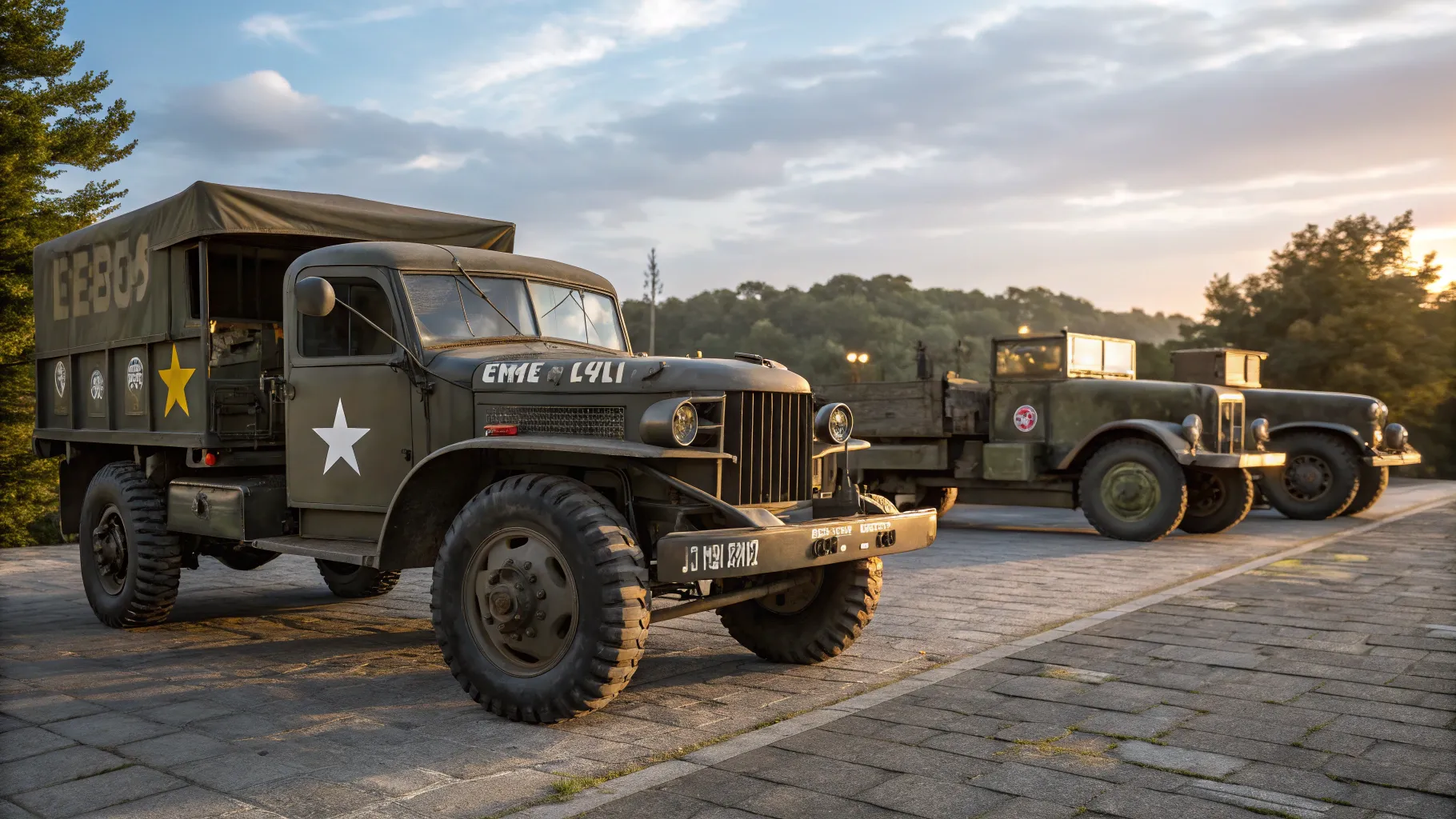 Vintage Old Military Trucks parked in a lush field with intricate textures and details.