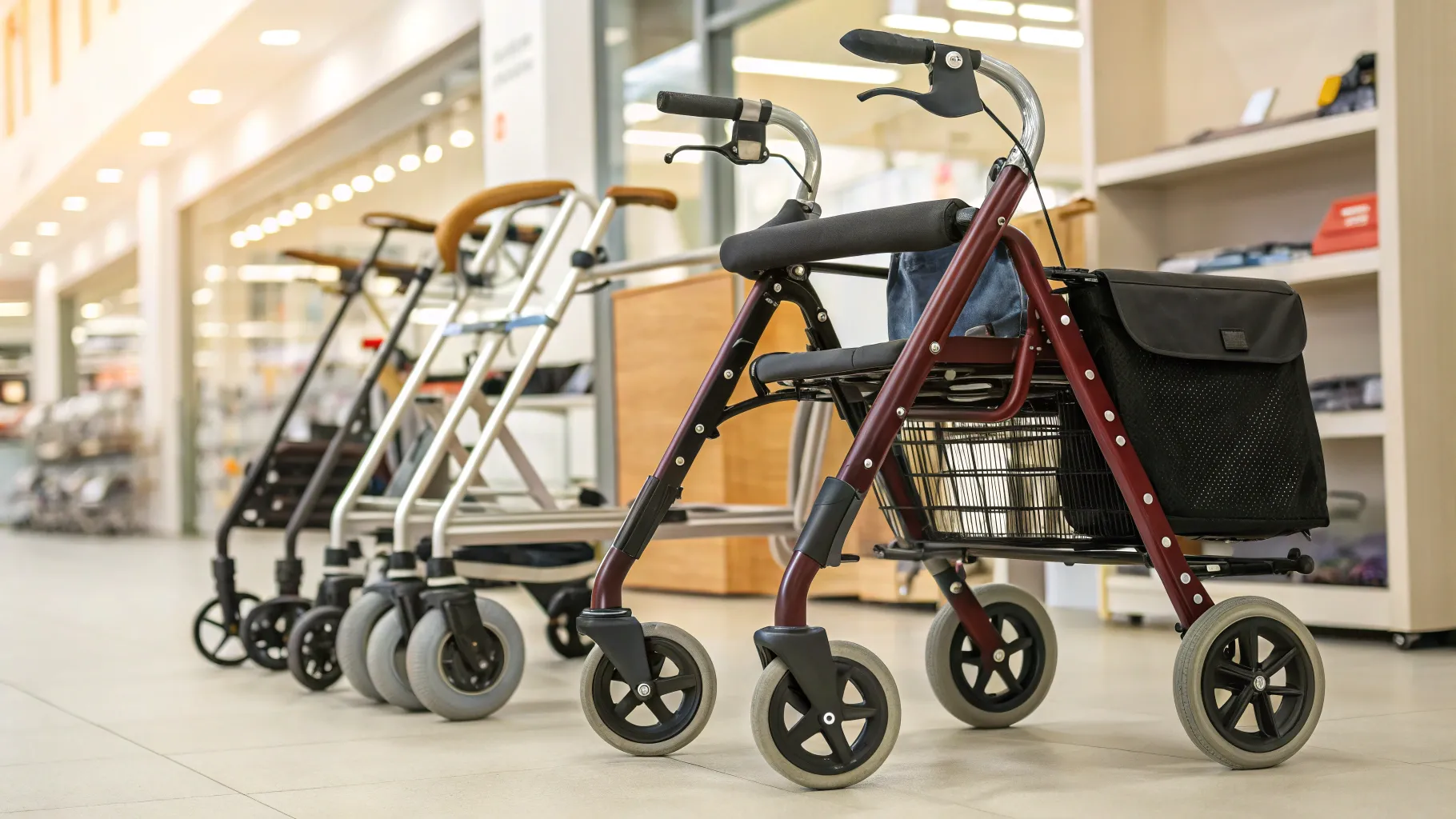 Walking Aid for Seniors displayed in a supply store, showcasing various mobility options.