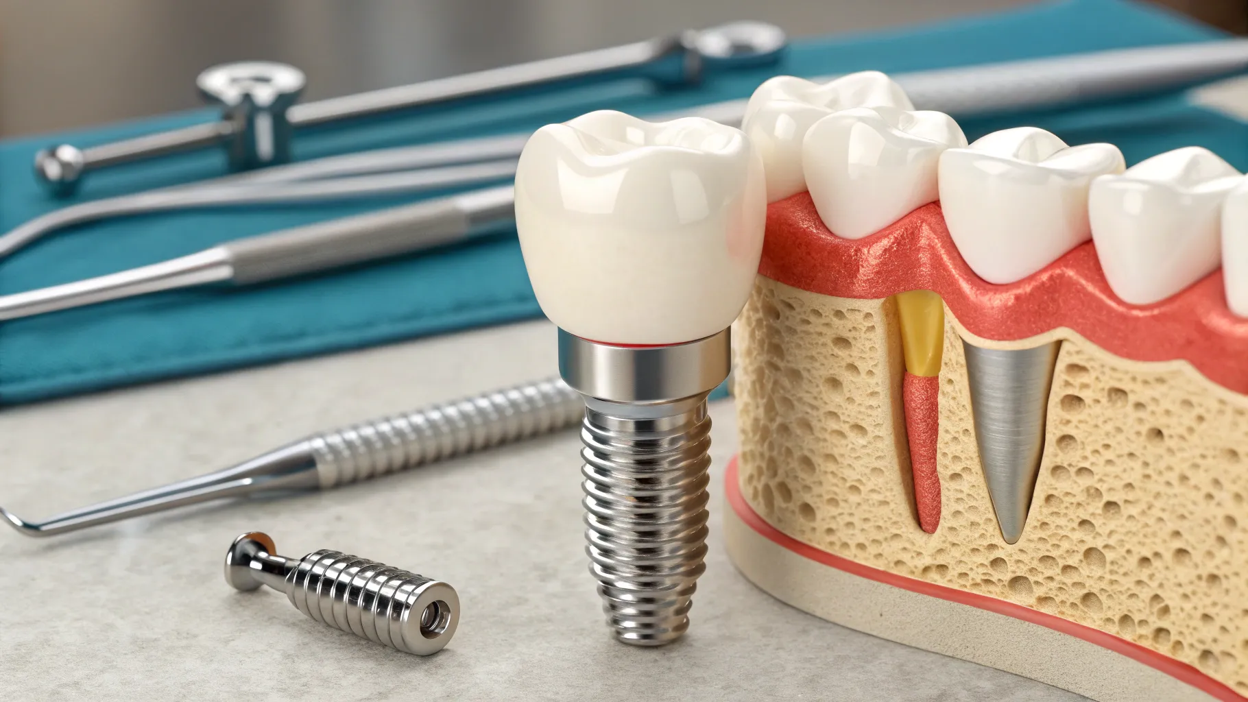 Dental implants displayed with surrounding dental tools, emphasizing advanced technology.