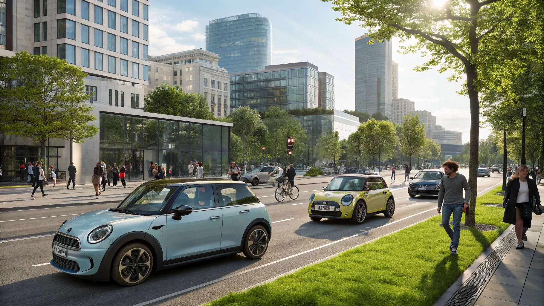 Read more about Mini electric cars navigating a lively cityscape with green spaces.