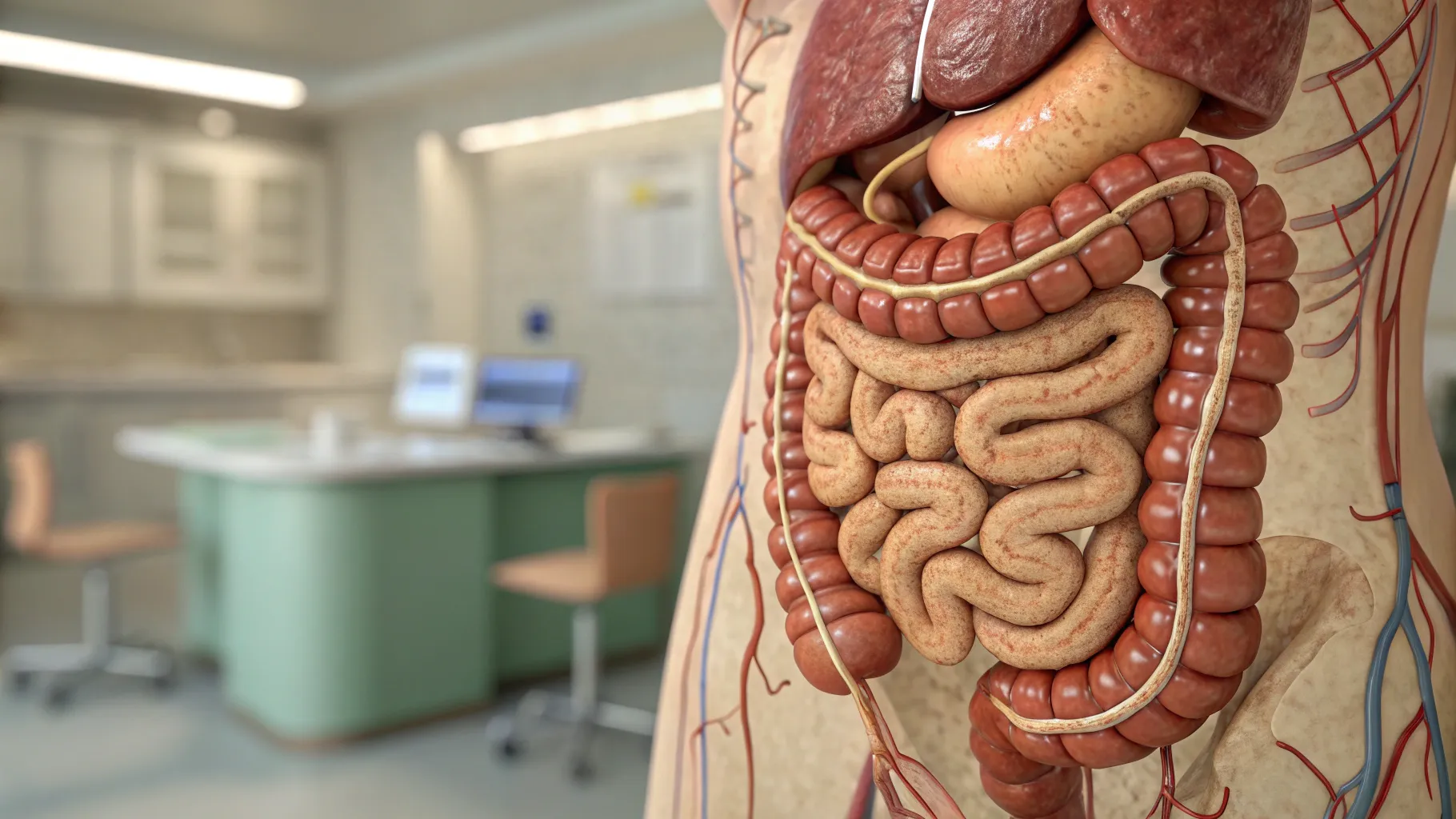 What are the symptoms of colitis? A detailed view of an inflamed colon model.