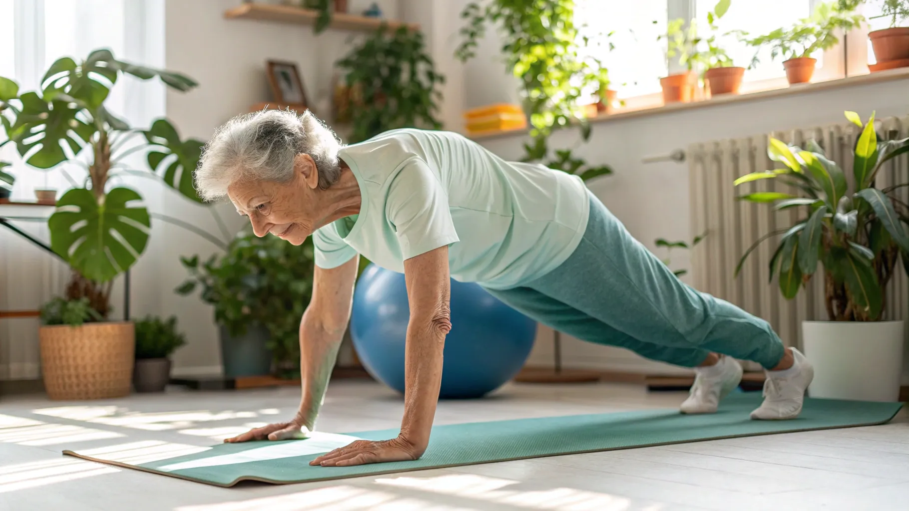 What causes bone fragility in old age? An elderly individual practices yoga for health.
