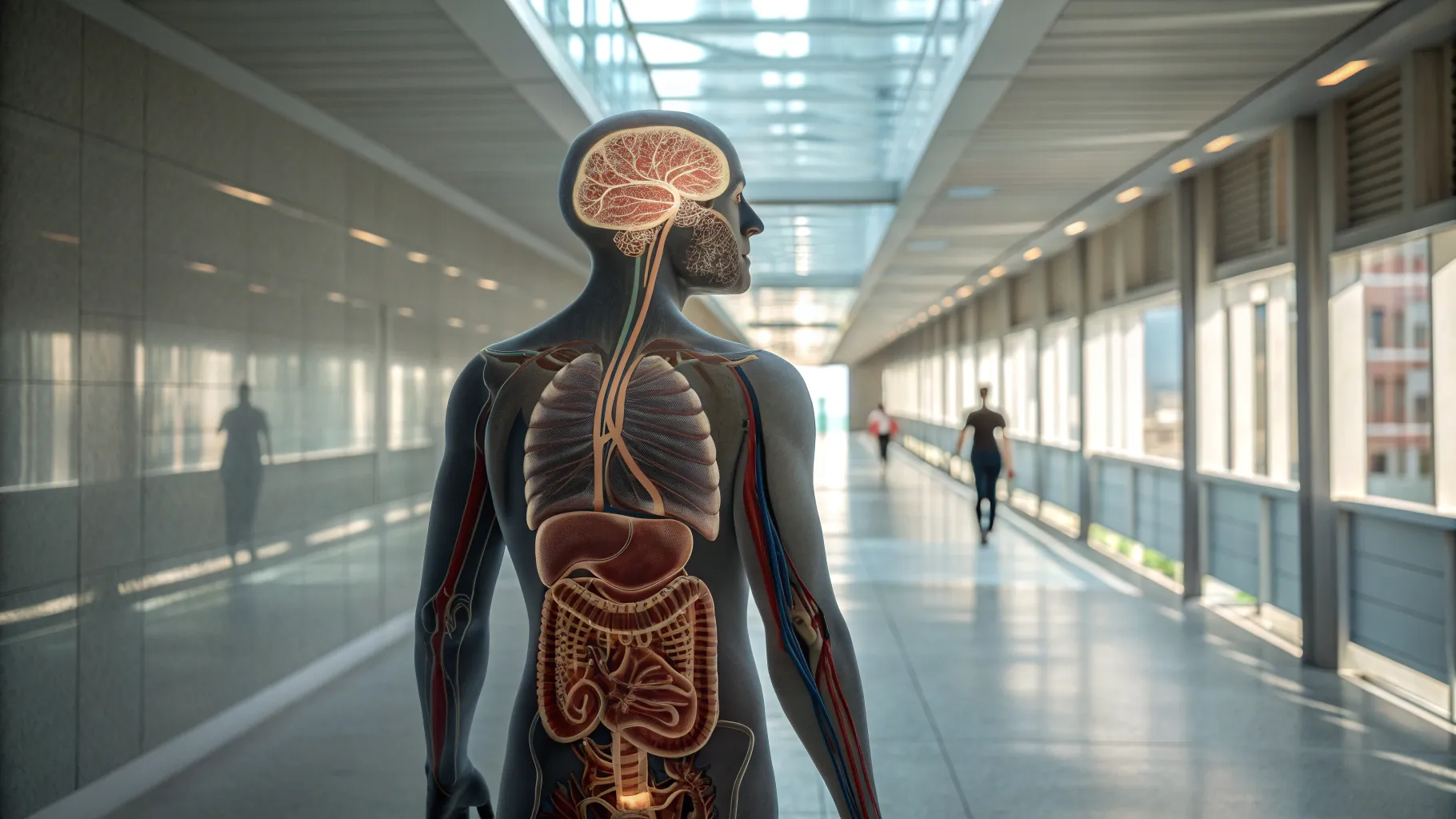 Detailed illustration of the human body’s metabolic pathways affected by GLP-1 medications, showing the gut, pancreas, and brain in relation to initial body changes on GLP-1 drugs.