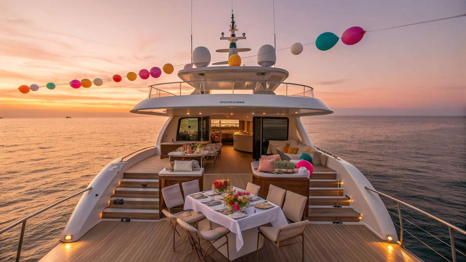 Birthday Yacht Rental scene: luxurious yacht with festive décor on calm waters at sunset.