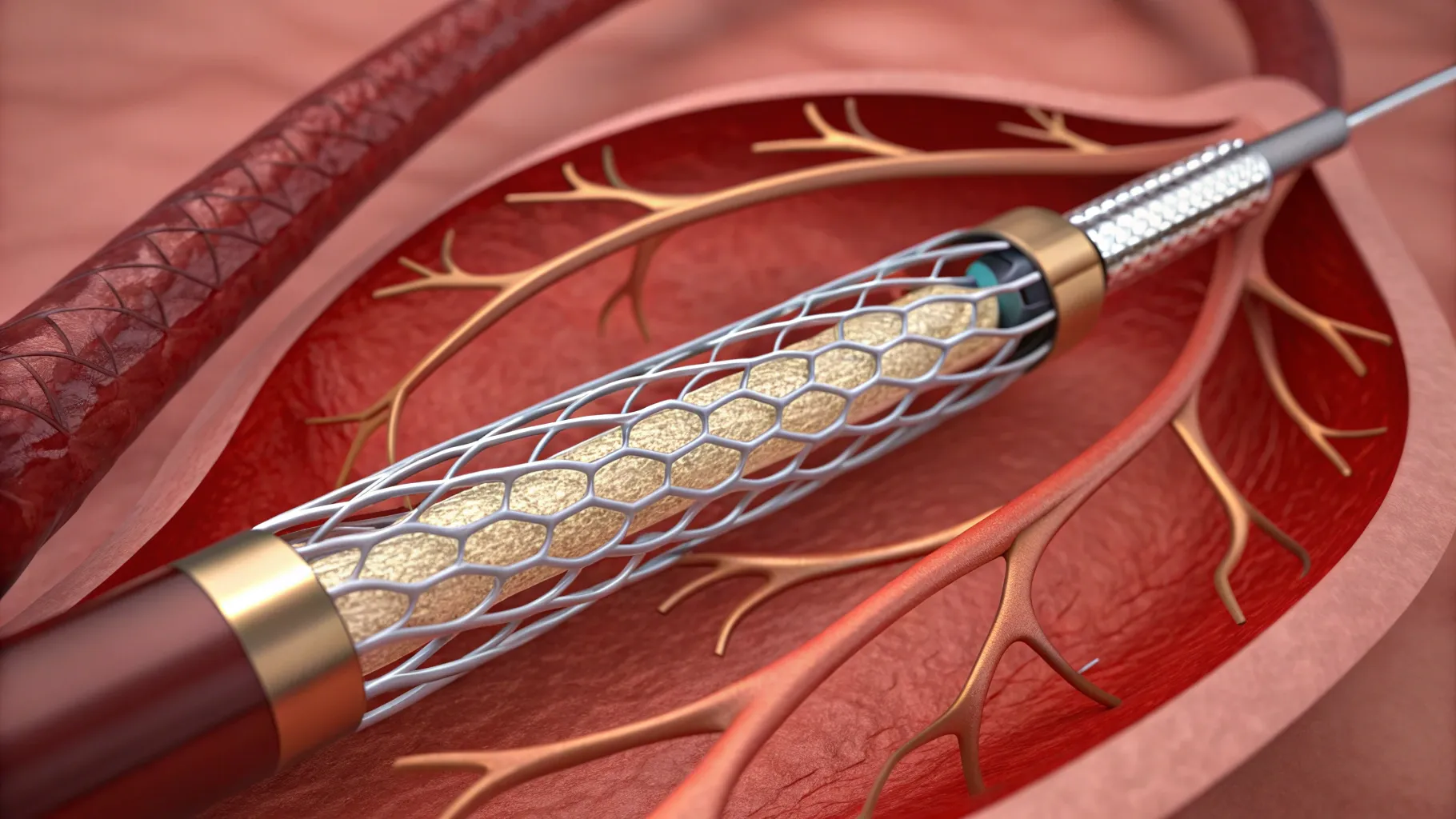 Heart stent inside a coronary artery, highlighting intricate metallic textures.