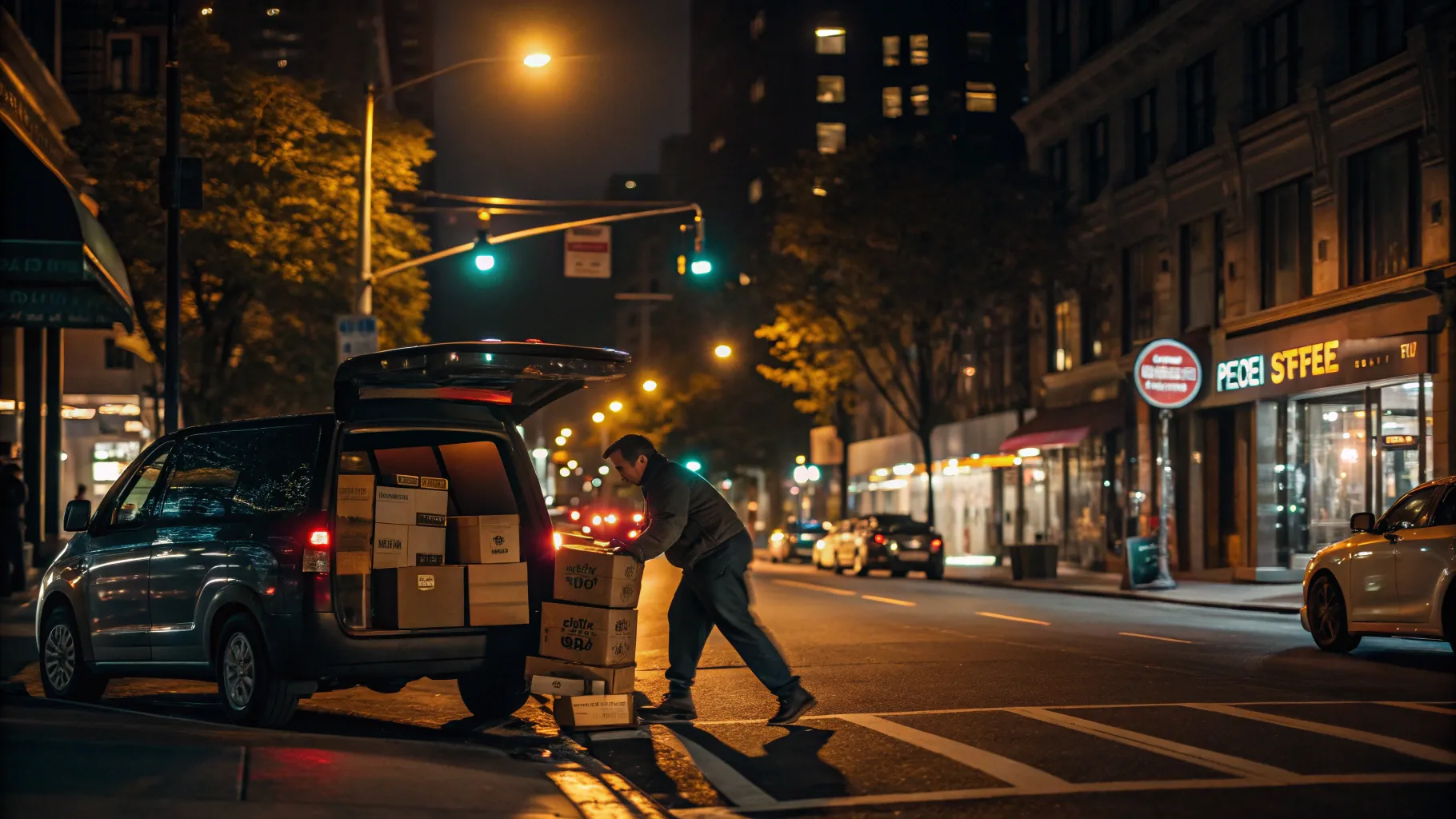 Night-Shift Delivery Driver Jobs: A busy nighttime street with a delivery vehicle loading packages.