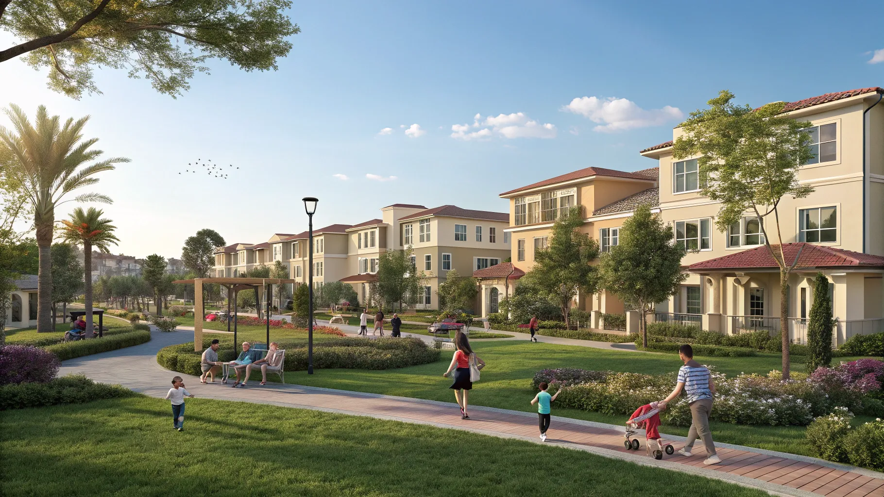 Subsidised housing community with green spaces and families enjoying outdoor activities.