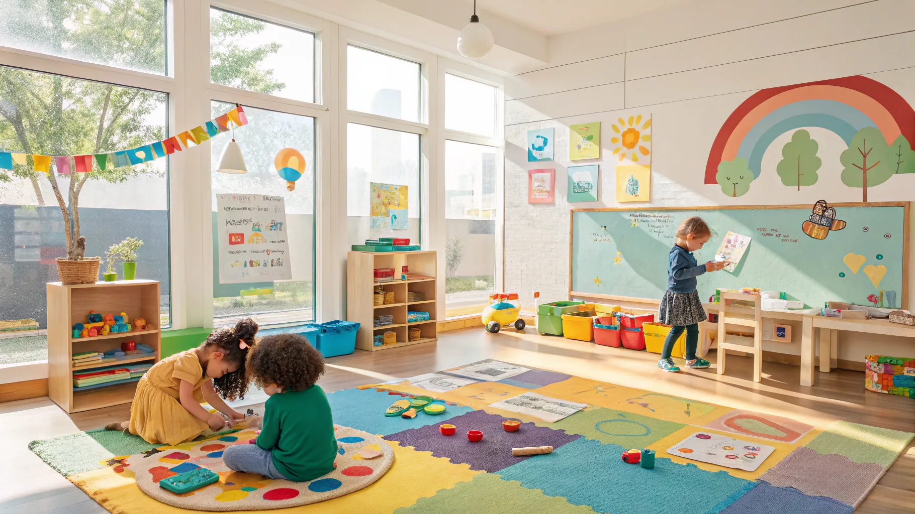 Day Care Centers filled with children learning and playing in a colorful, nurturing setting.