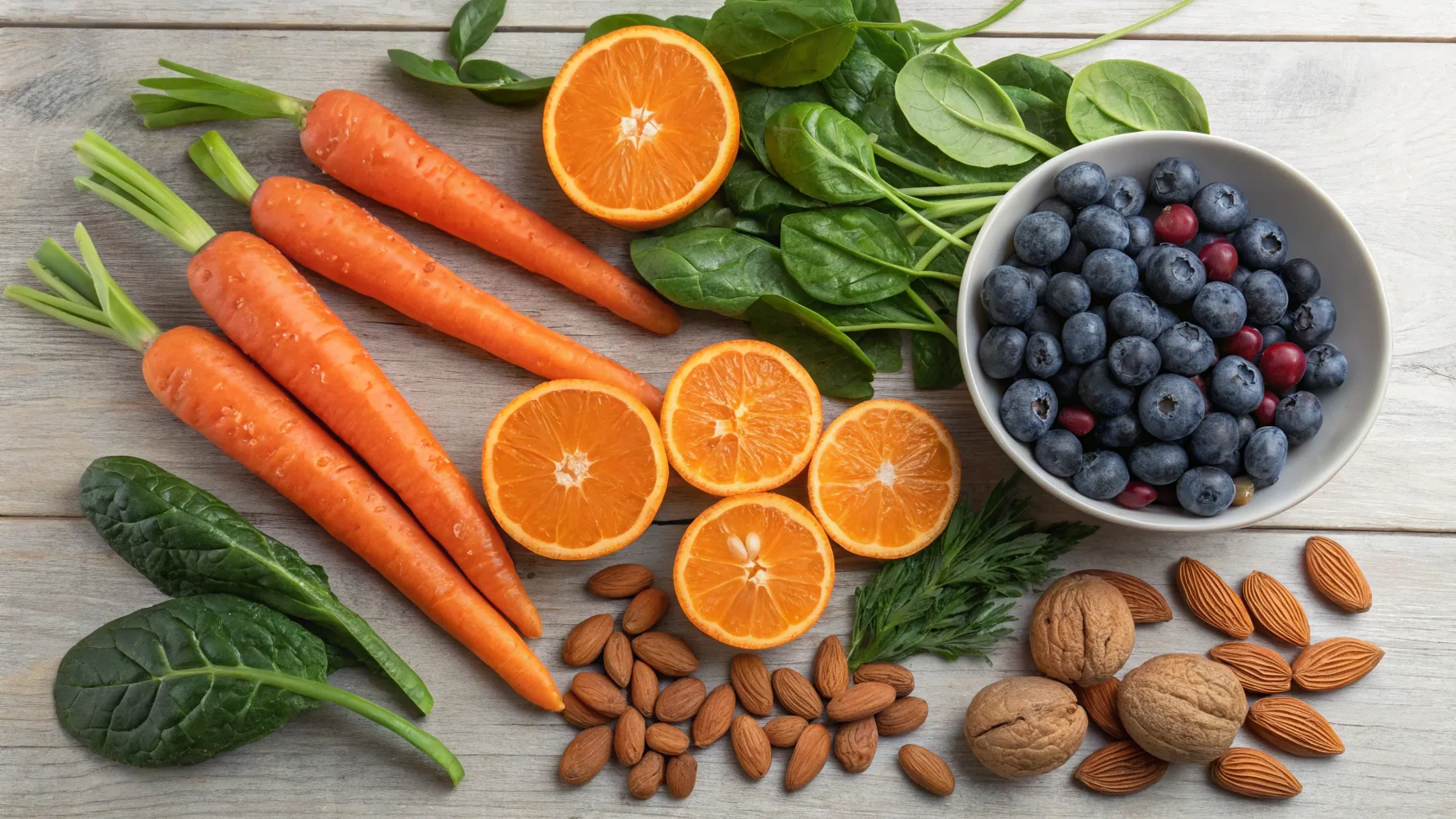Which vitamins are most important for eye health? Colorful fruits and vegetables on a table.