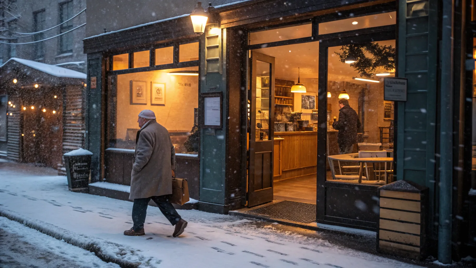 Flexible winter jobs for seniors as a cozy coffee shop barista in snowy setting.