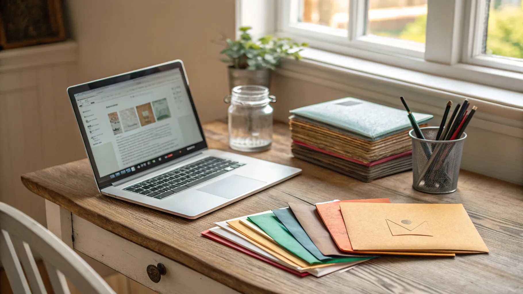 Guide to envelope stuffing jobs for Seniors with a cozy workspace and supplies arranged.