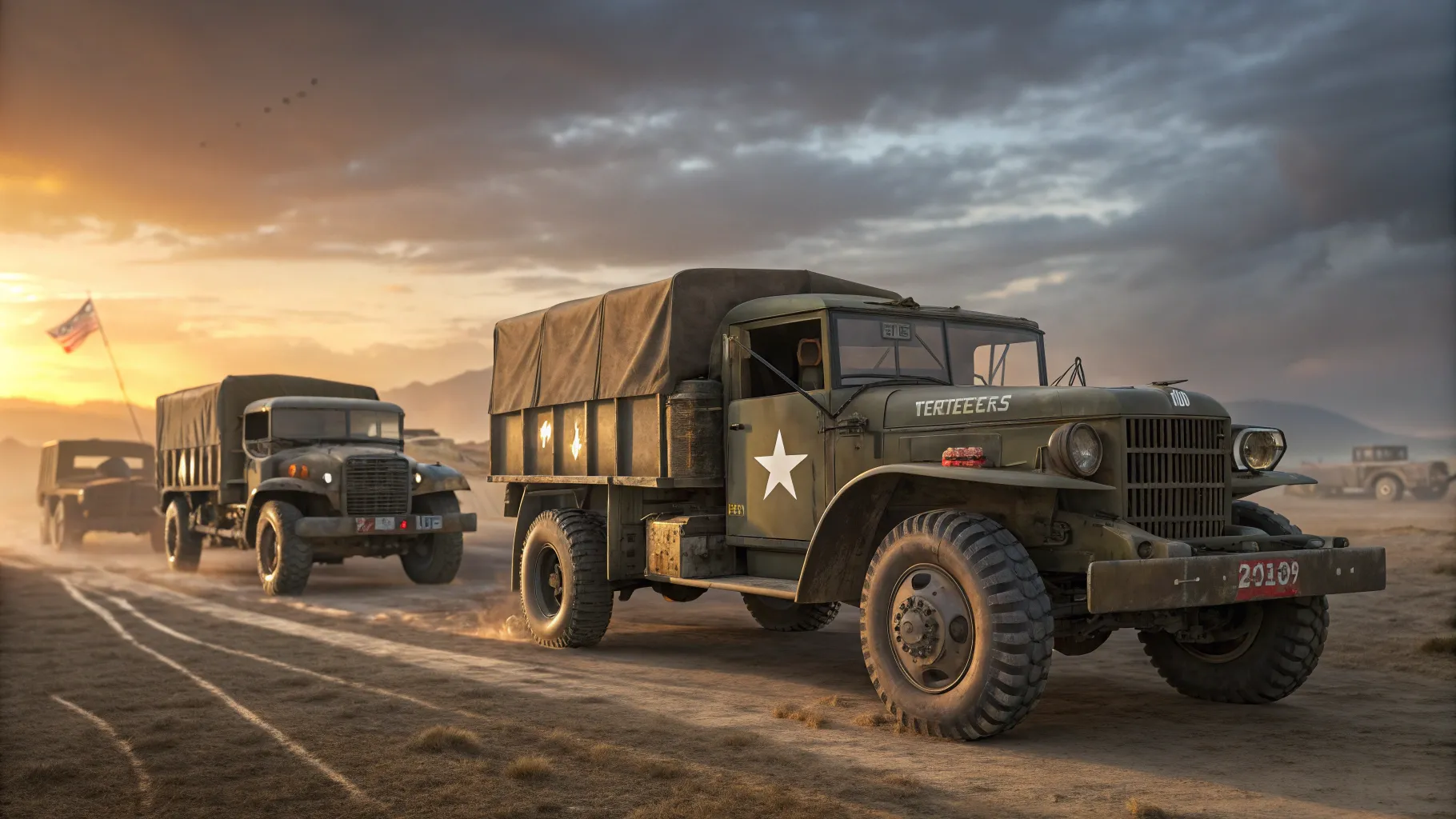 WW2 Army Trucks line up in a historic battlefield, showcasing their rugged details and charm.